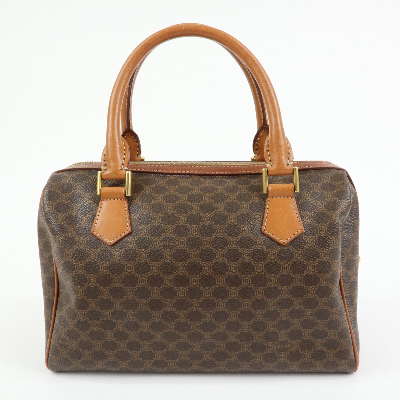 CELINE Logo Macadam PVC Leather Boston Bag Hand Bag Brown