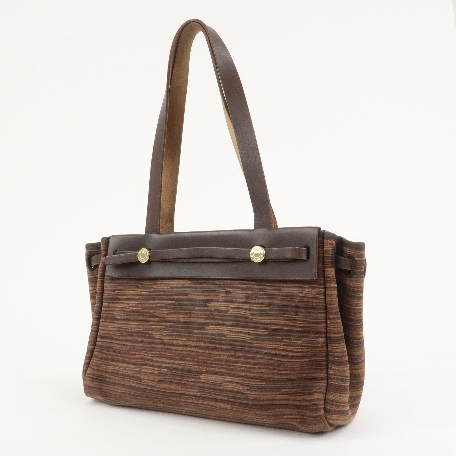 HERMES Cabas PM Airline Toile Officier Leather Shoulder Bag Brown