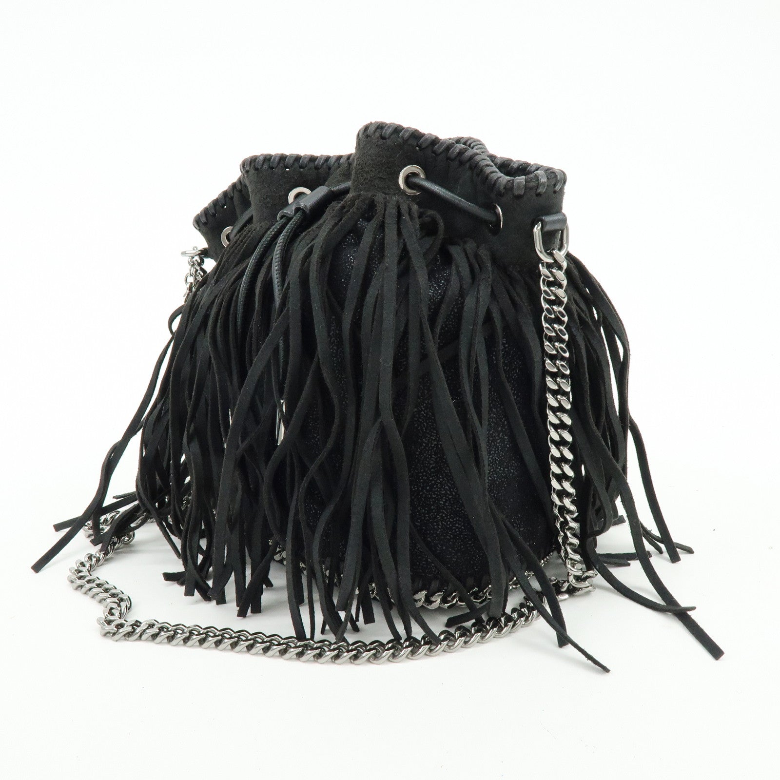 STELLA MCCARTNEY Falabella Fringe Bucket Shoulder Bag Black