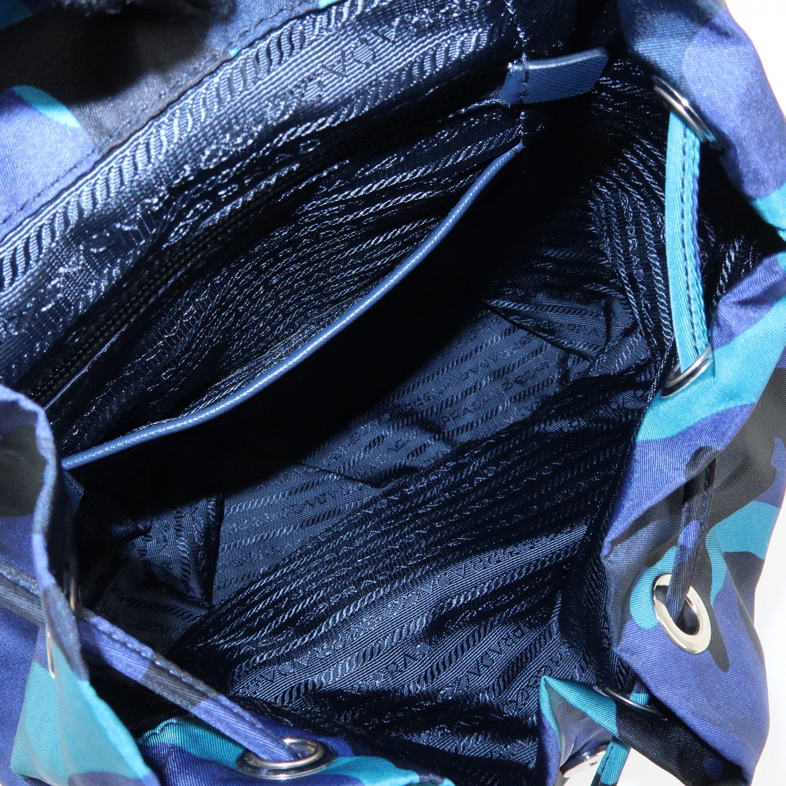 PRADA Triangle Logo Nylon Leather Backpack Camouflage Motif Blue