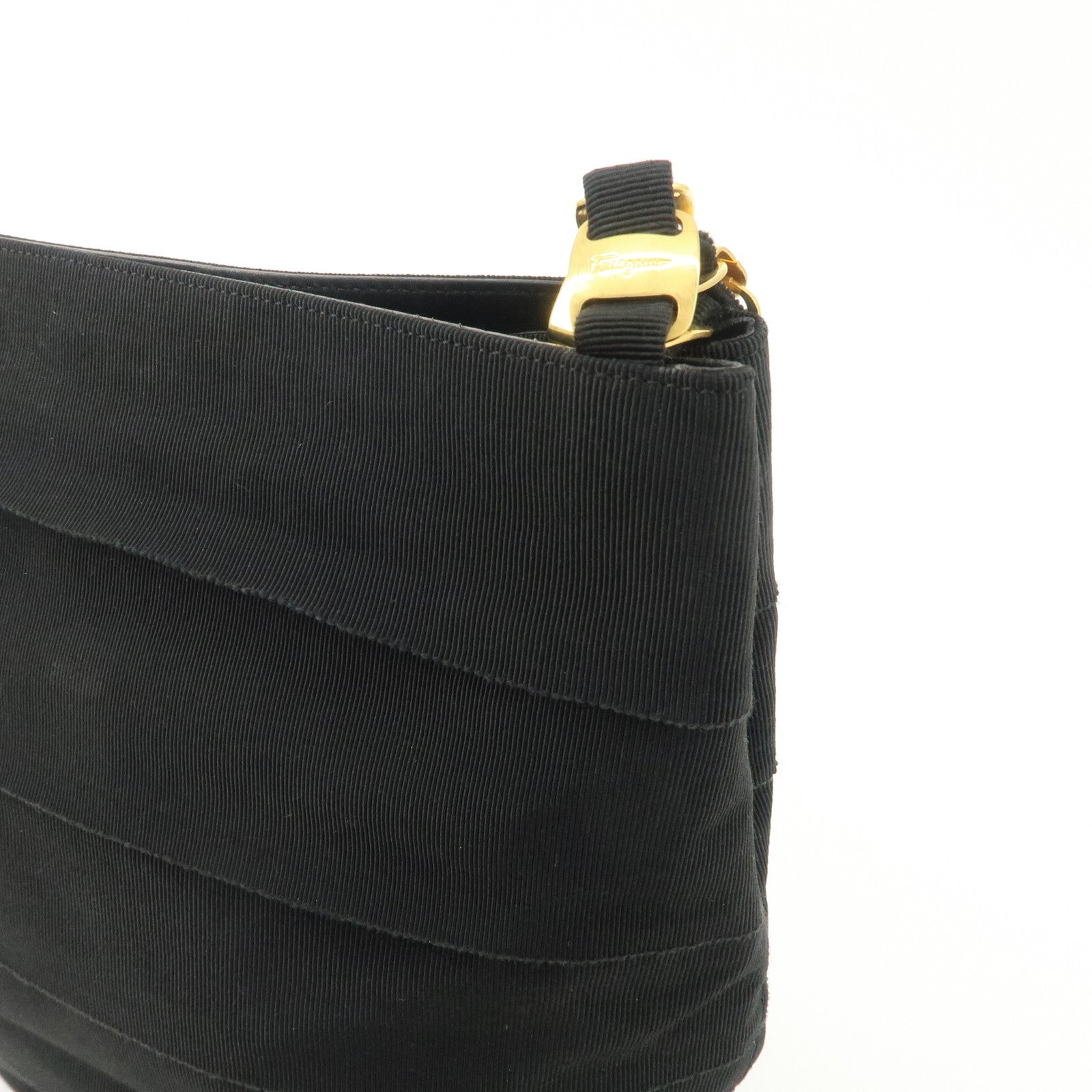 Ferragamo Leather Canvas Chain Tote Bag Hand Bag Black Gold Hardware Used