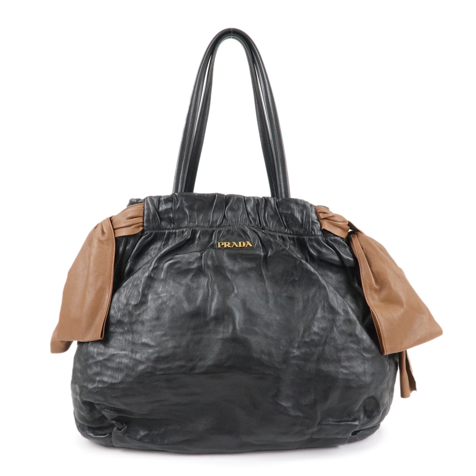 PRADA Leather Ribbon Shoulder Bag Hand Bag Black Brown Used