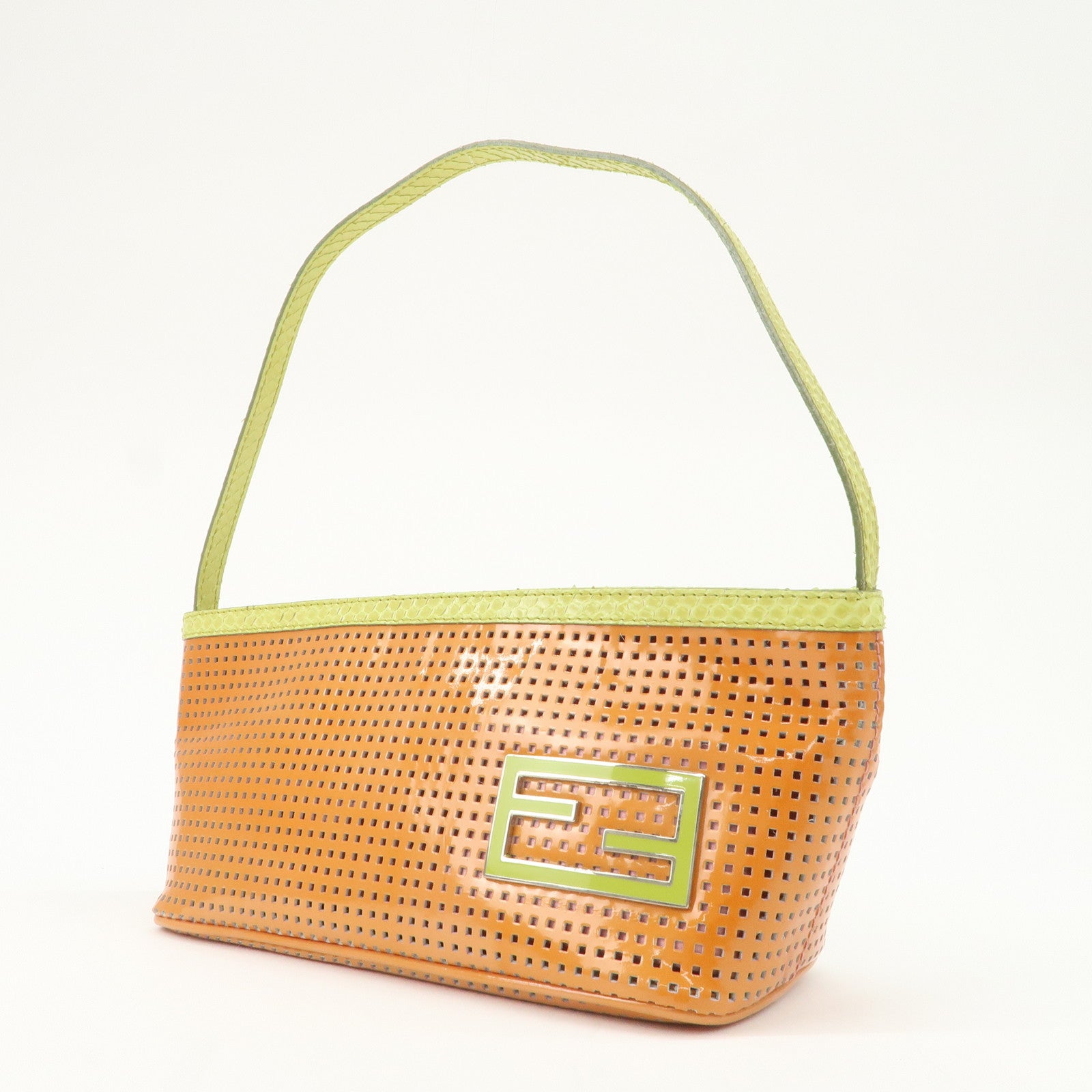 FENDI Patent Leather Mini Hand Bag Orange Lime Green 26636