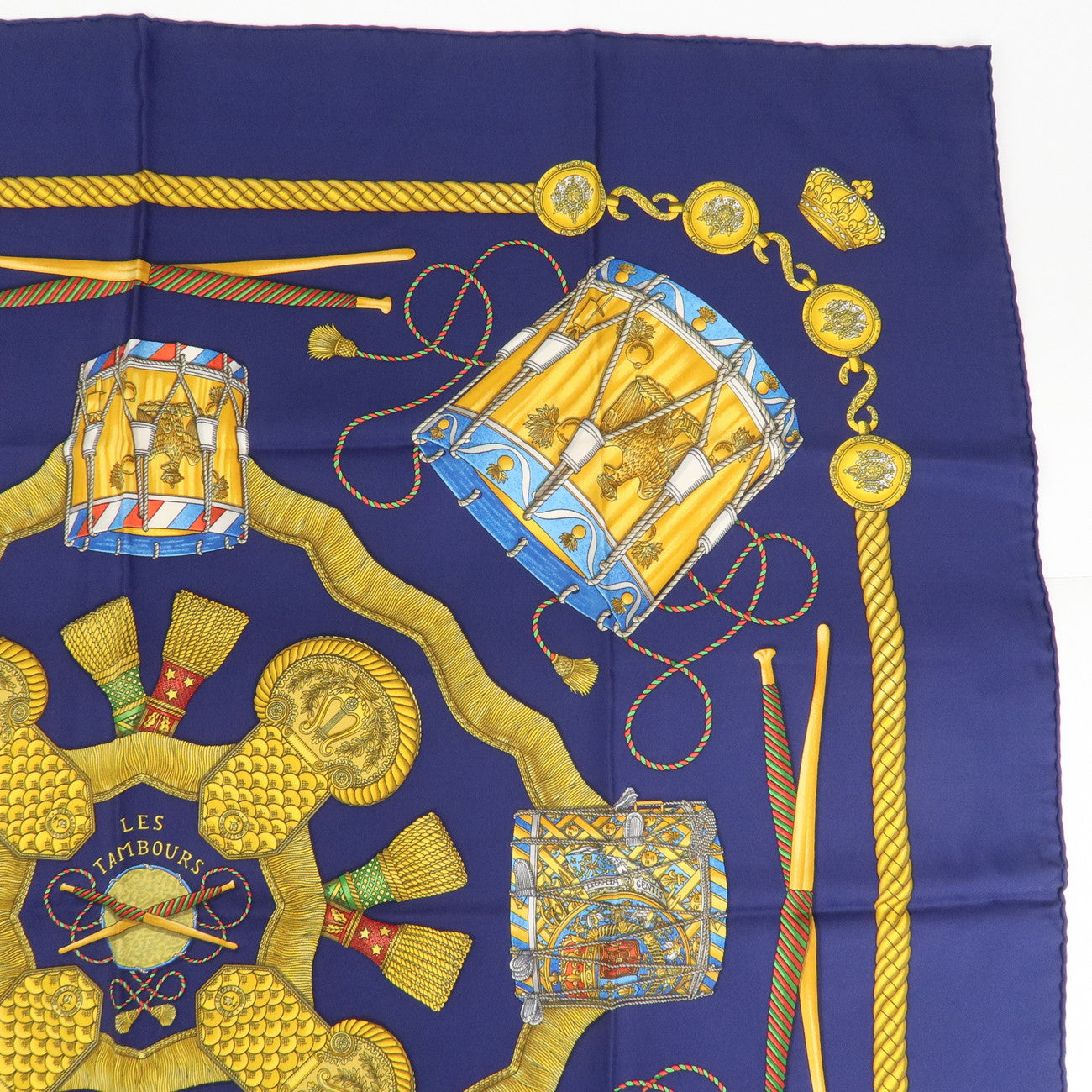 HERMES Carre 90 Silk 100% Scarf LES TAMBOURS Navy Multicolor Used