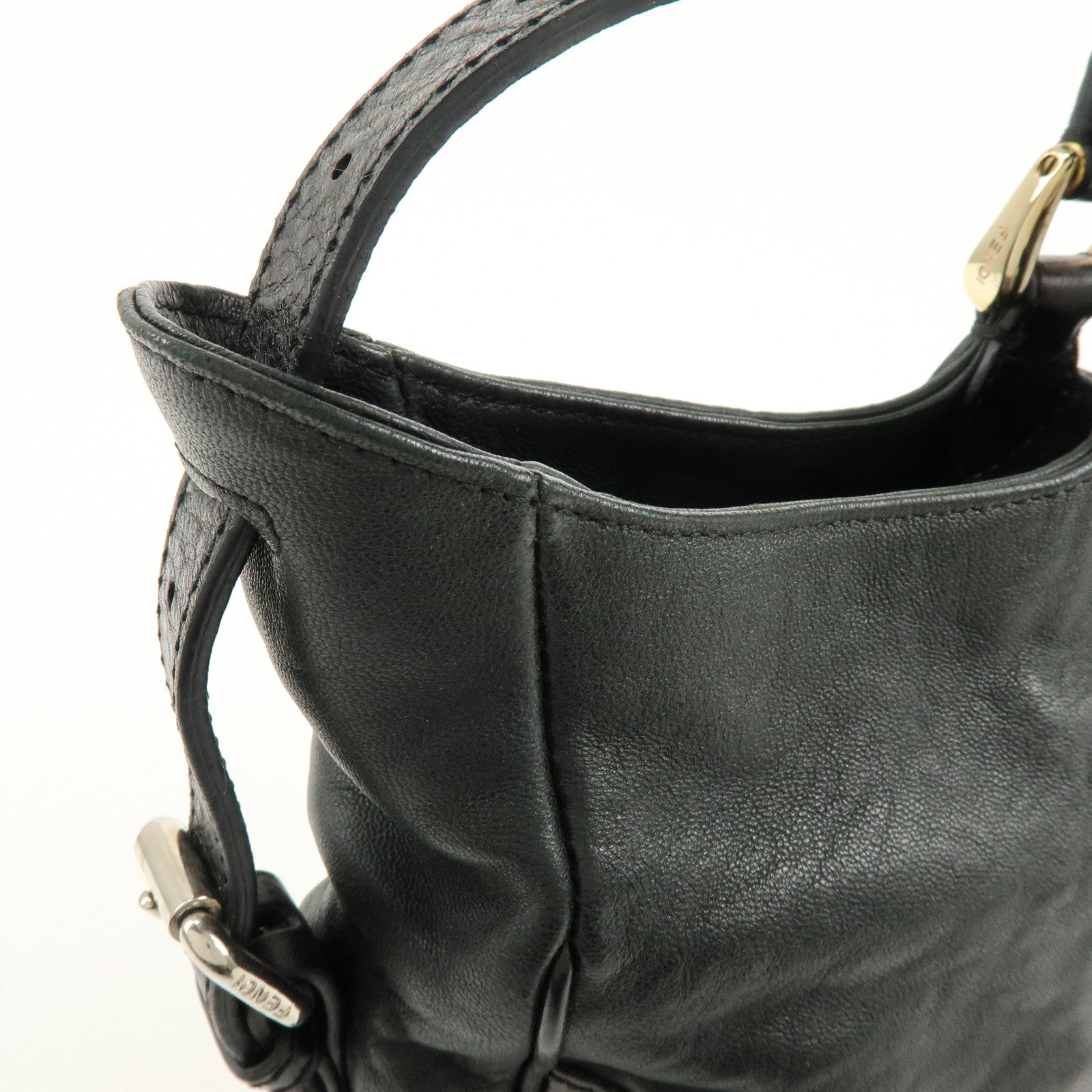 FENDI Leather 2Way Bag Hand Bag Shoulder Bag Black 8BR529