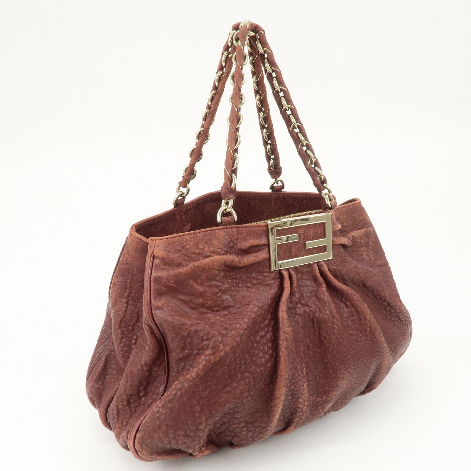 FENDI Mia Logo Leather Chain Tote Bag Shoulder Bag Bordeaux 8BR616