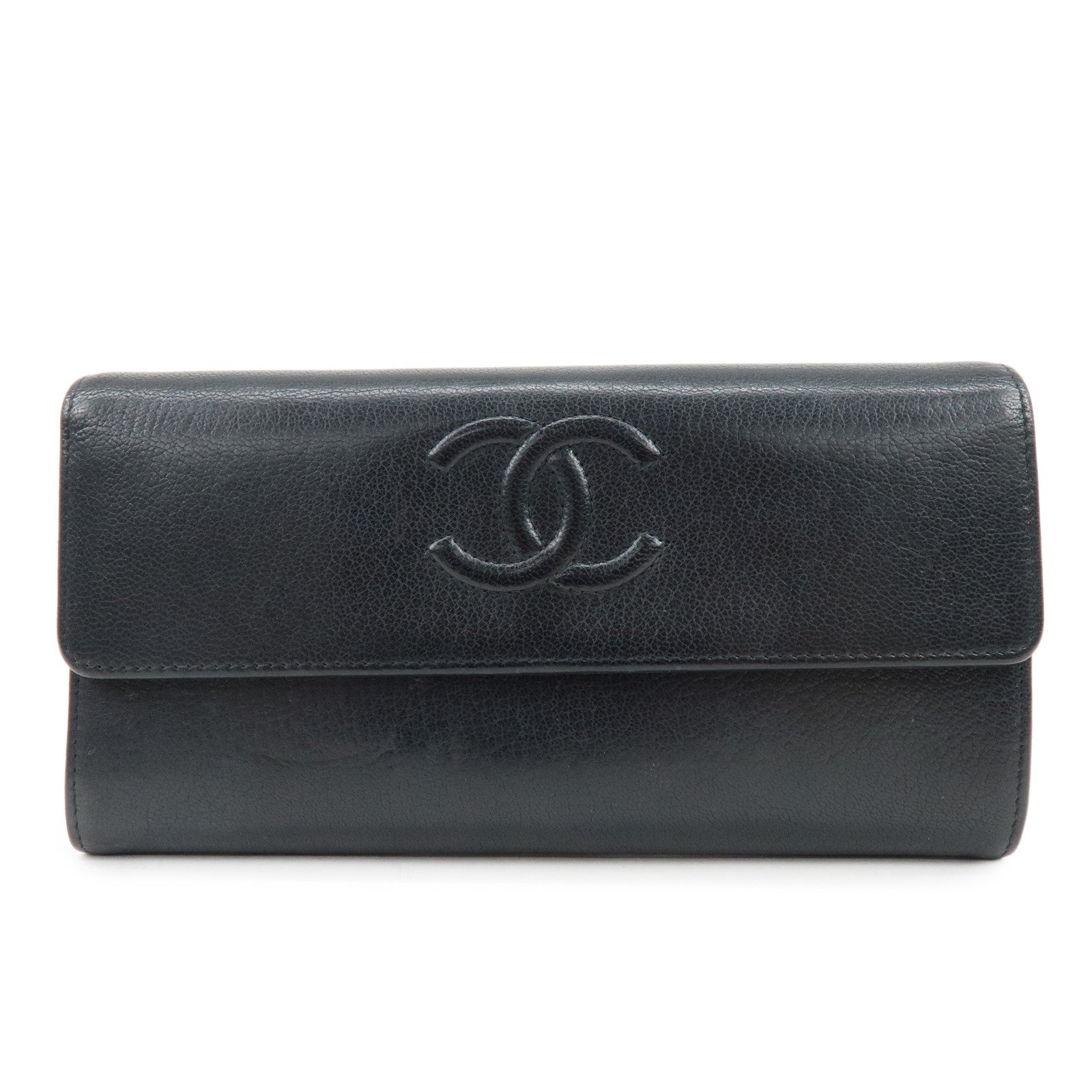 CHANEL COCO Mark Leather Flap Bi-Fold Long Wallet Black