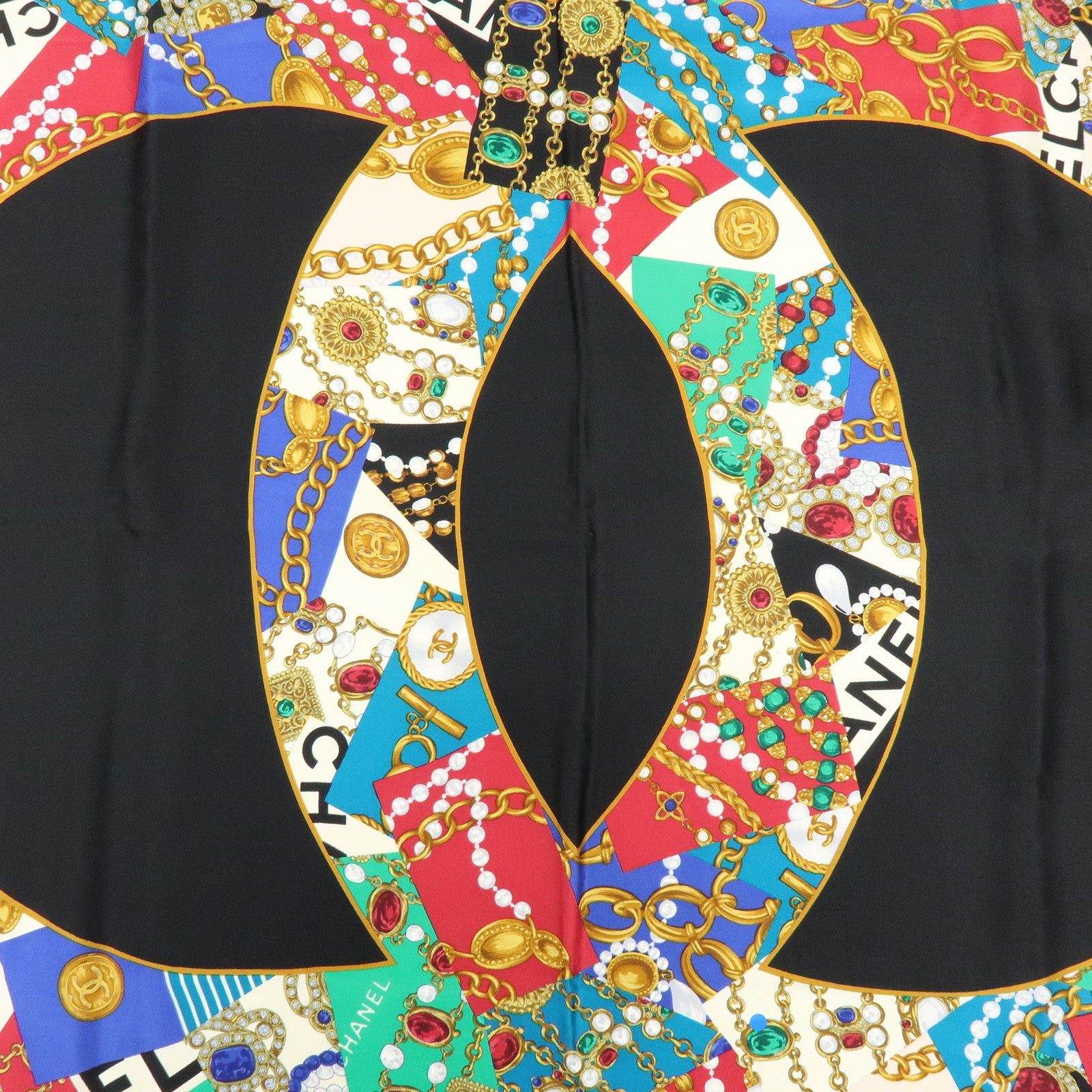CHANEL COCO Mark Silk 100% Scarf Black Multicolor