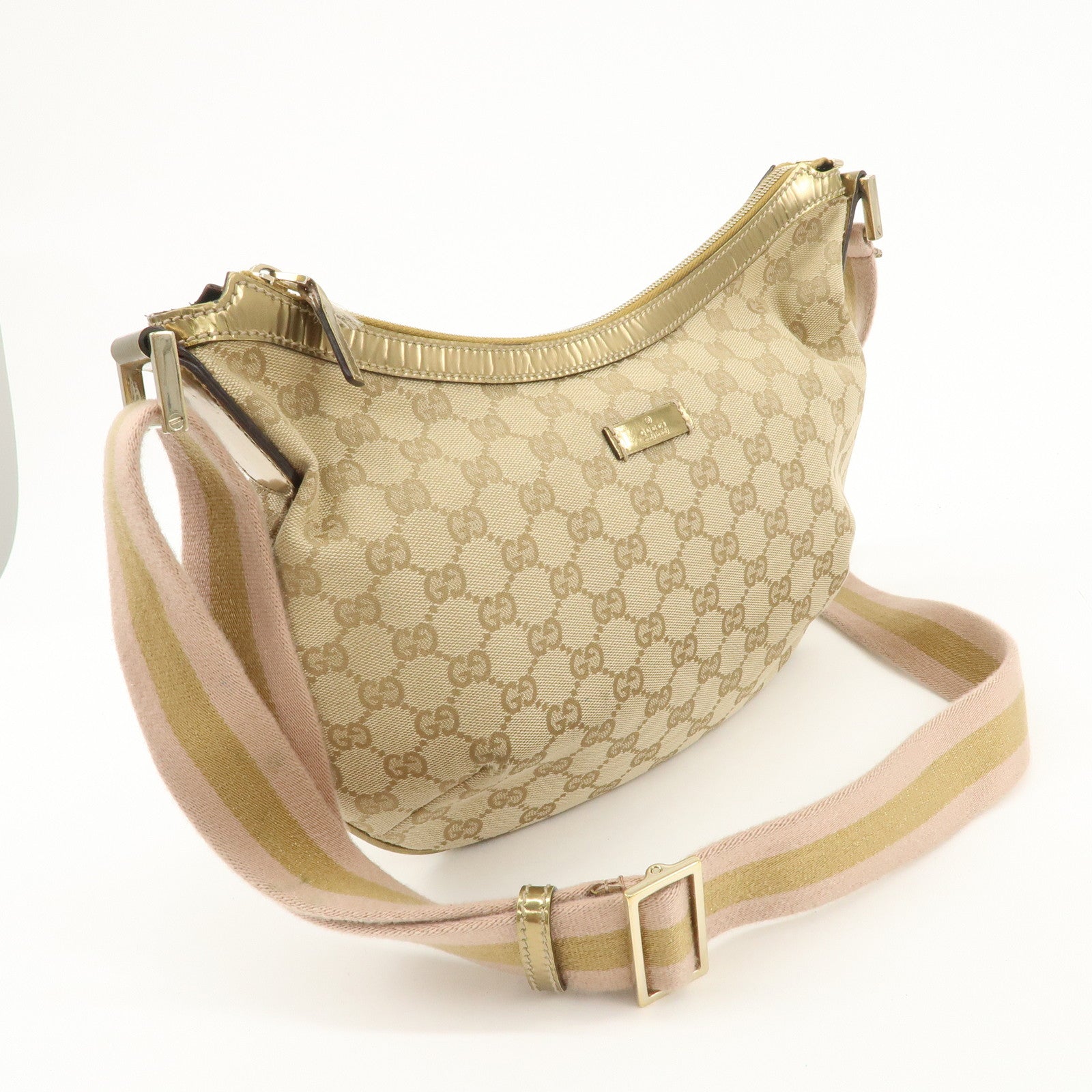 GUCCI GG Canvas Patent Leather Shoulder Bag Beige Gold 181092 Used