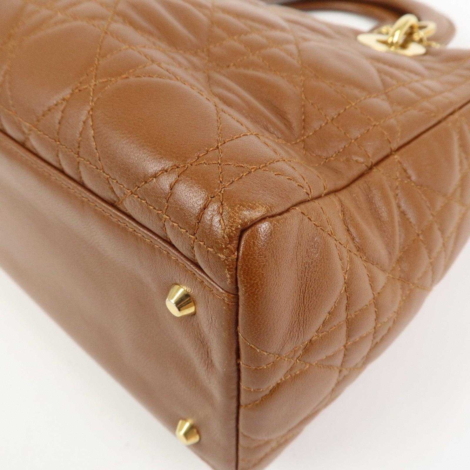 Christian Dior Canage Lady Dior Lamb Skin Hand Bag Tote Bag Brown