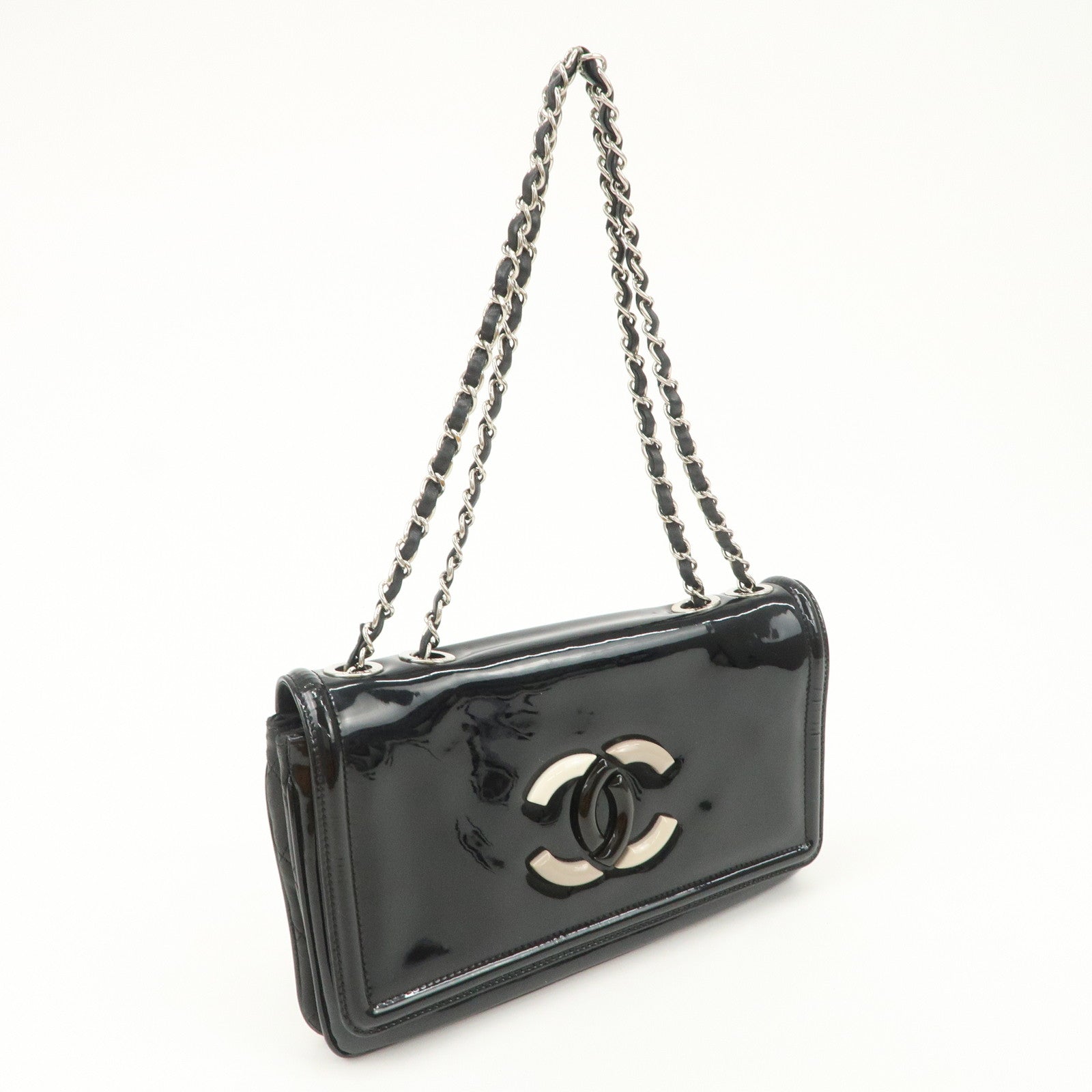 CHANEL Patent Leather Chain Shoulder Bag Hand Bag Black