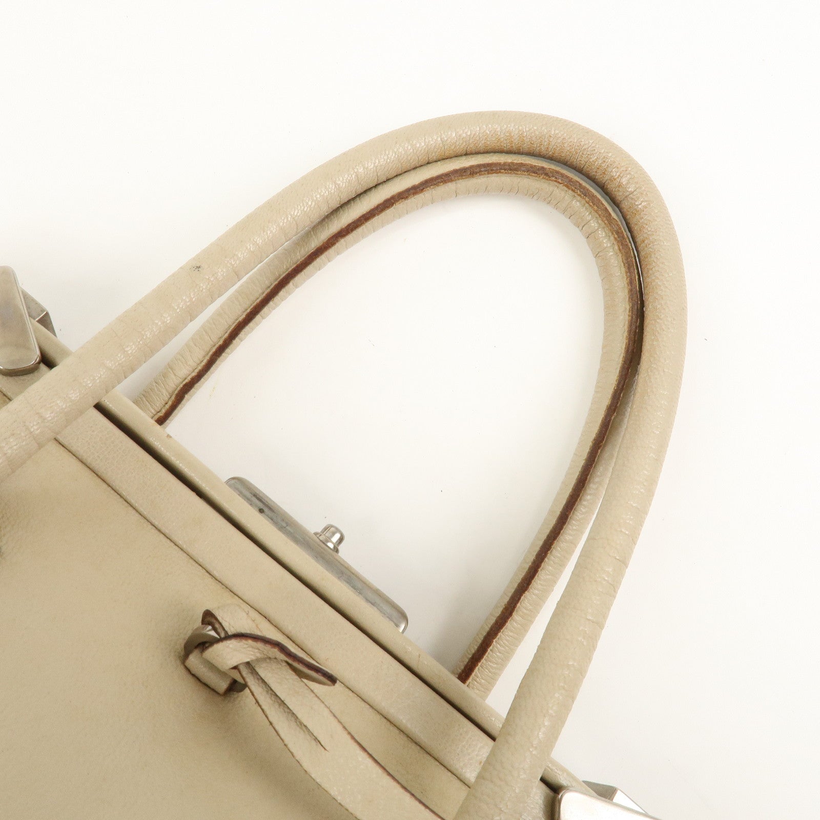 PRADA Leather Doctors Bag Hand Bag Beige Silver