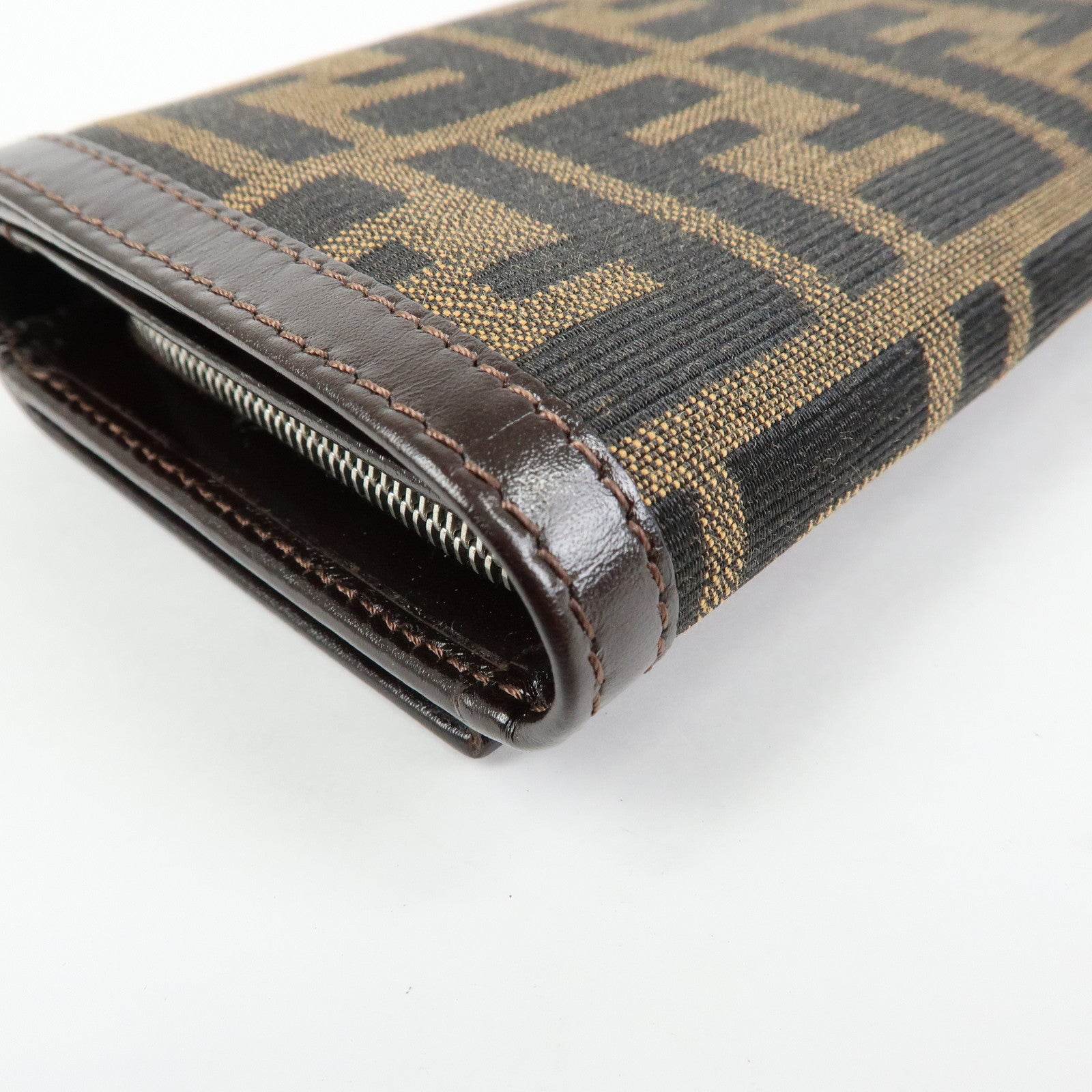 FENDI Zucca Canvas Leather Compact Wallet Brown Black 31052