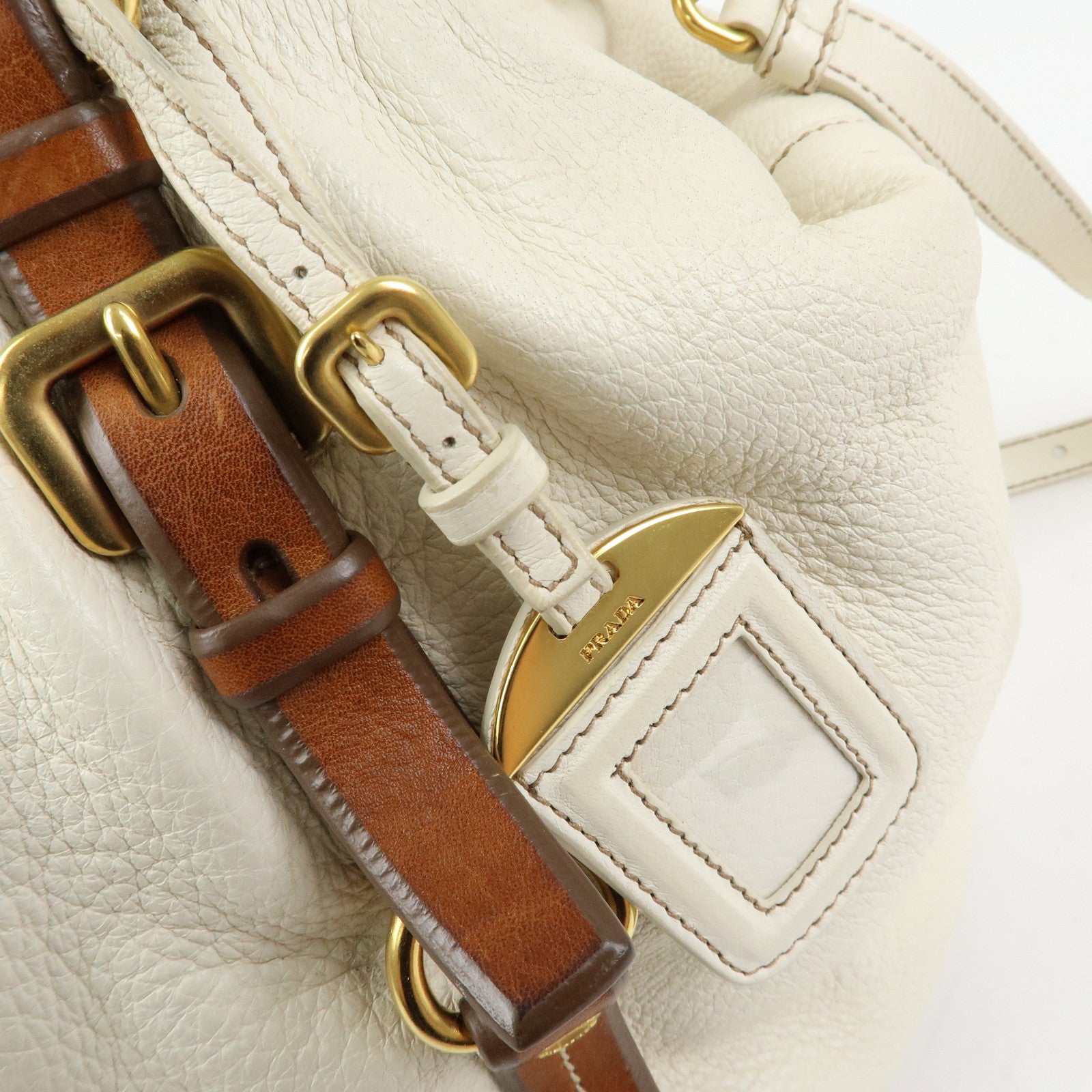 PRADA Leather 2Way Bag Hand Bag Shoulder Bag Ivory Brown BN1773