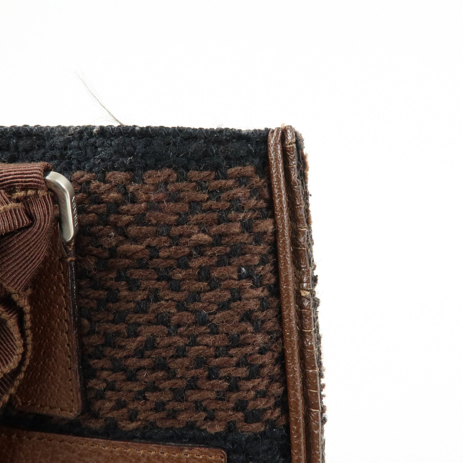 PRADA Triangle Logo Tweed Canvas Hand Bag Brown Black B11268