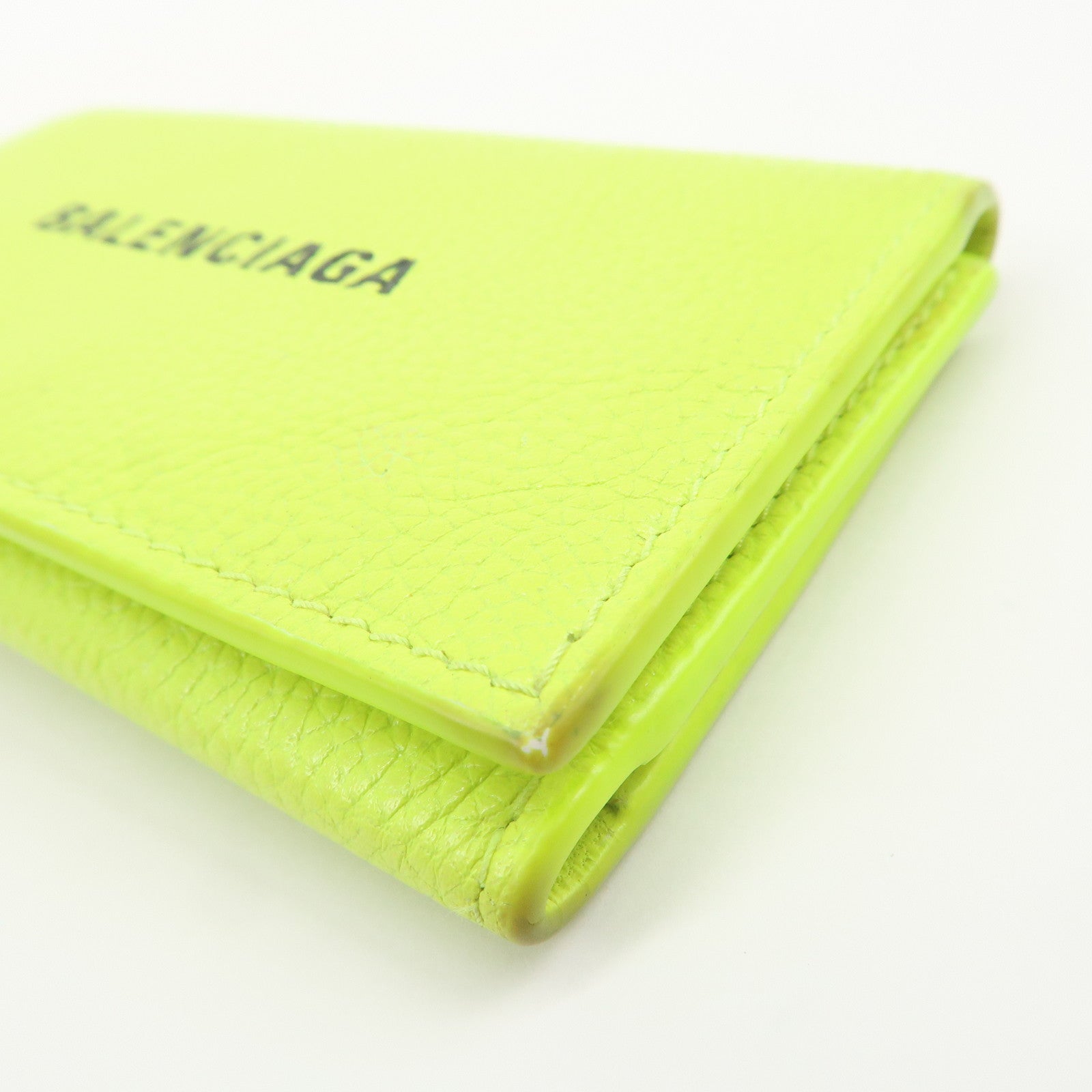 BALENCIAGA Logo Leather Key Case Key Holder Neon Yellow