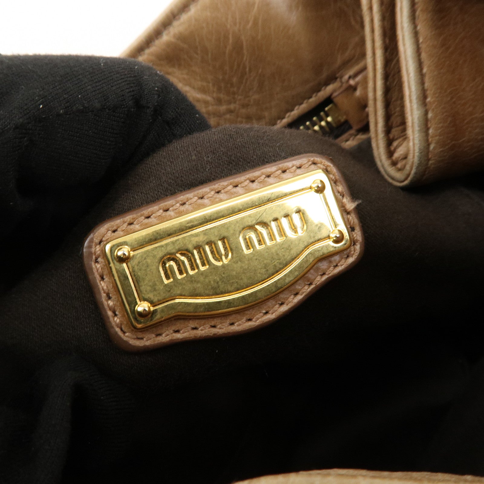 MIU MIU Leather Side Ribbon 2Way Bag Hand Bag Beige Gold