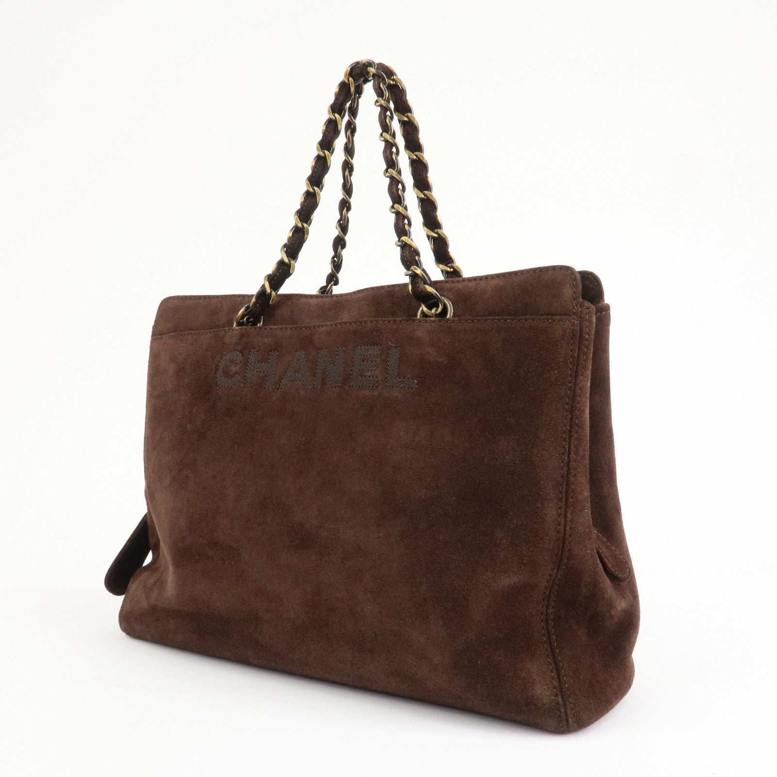 CHANEL Logo Suede Chain Tote Bag Shoulder Bag Brown