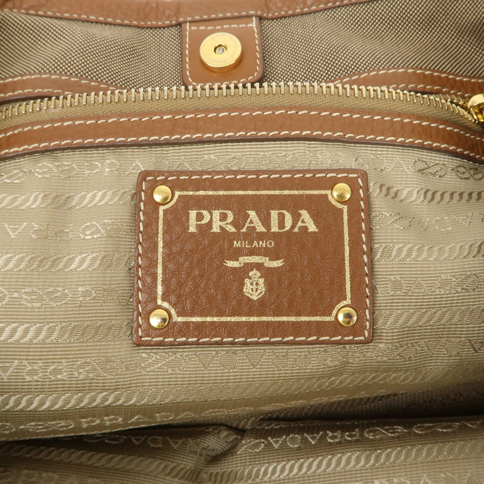 PRADA Leather Logo Jacquard Tote Bag Ribbon Beige Brown BN1841 Used