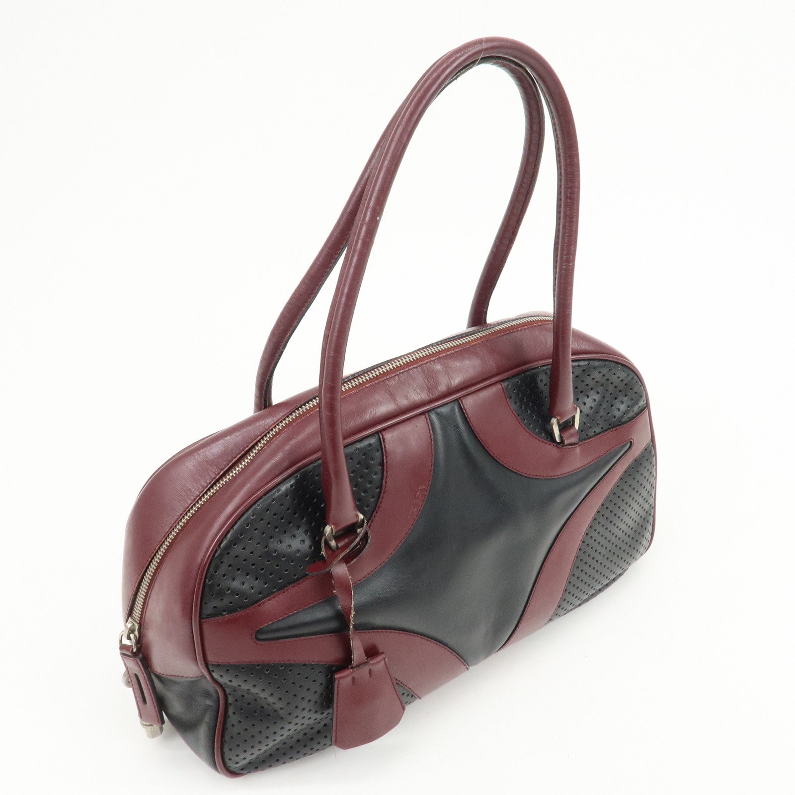 PRADA Leather Boston Bag Bowling Bag Hand Bag Black Bordeaux B10524