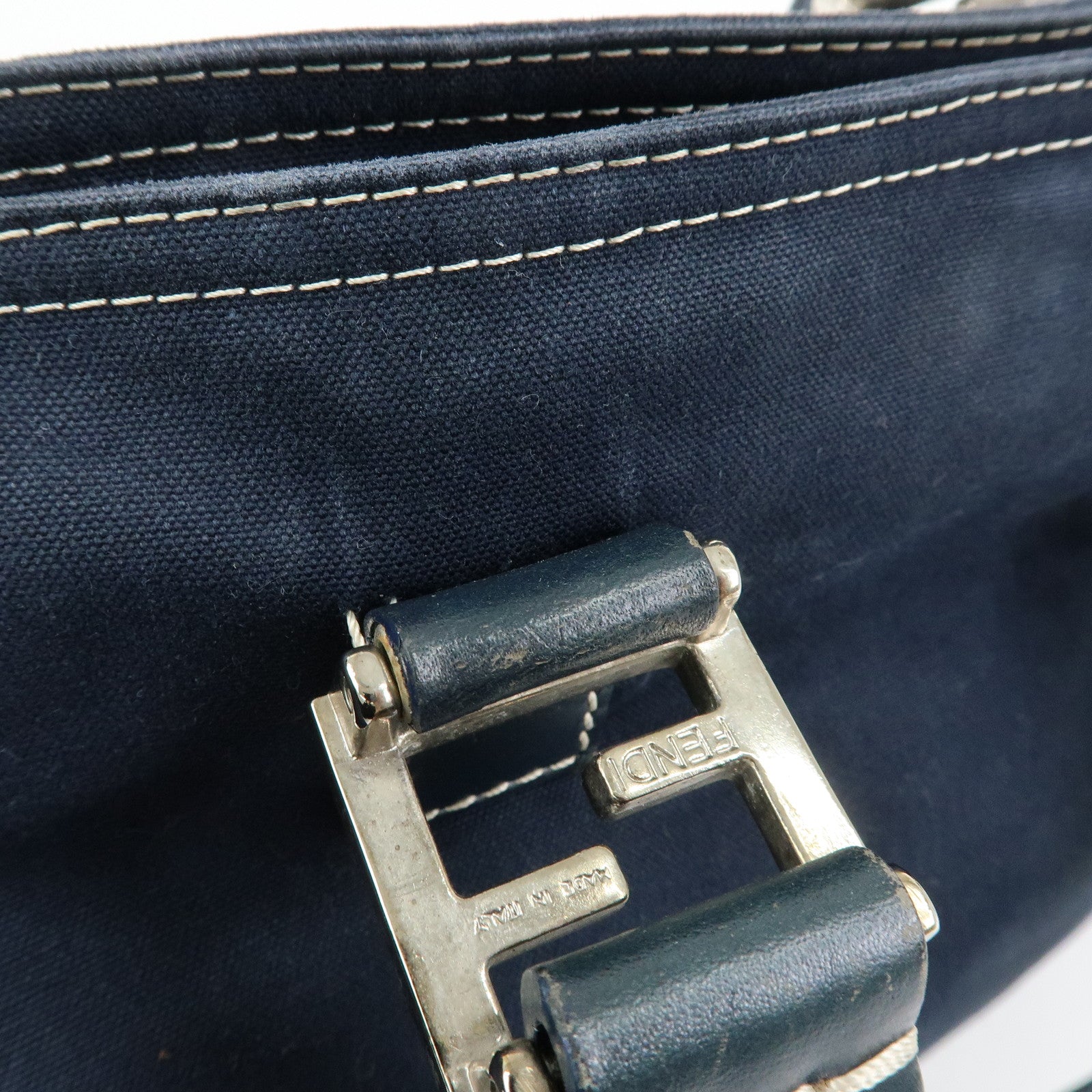 FENDI Canvas Leather Tote Bag Hand Bag Navy