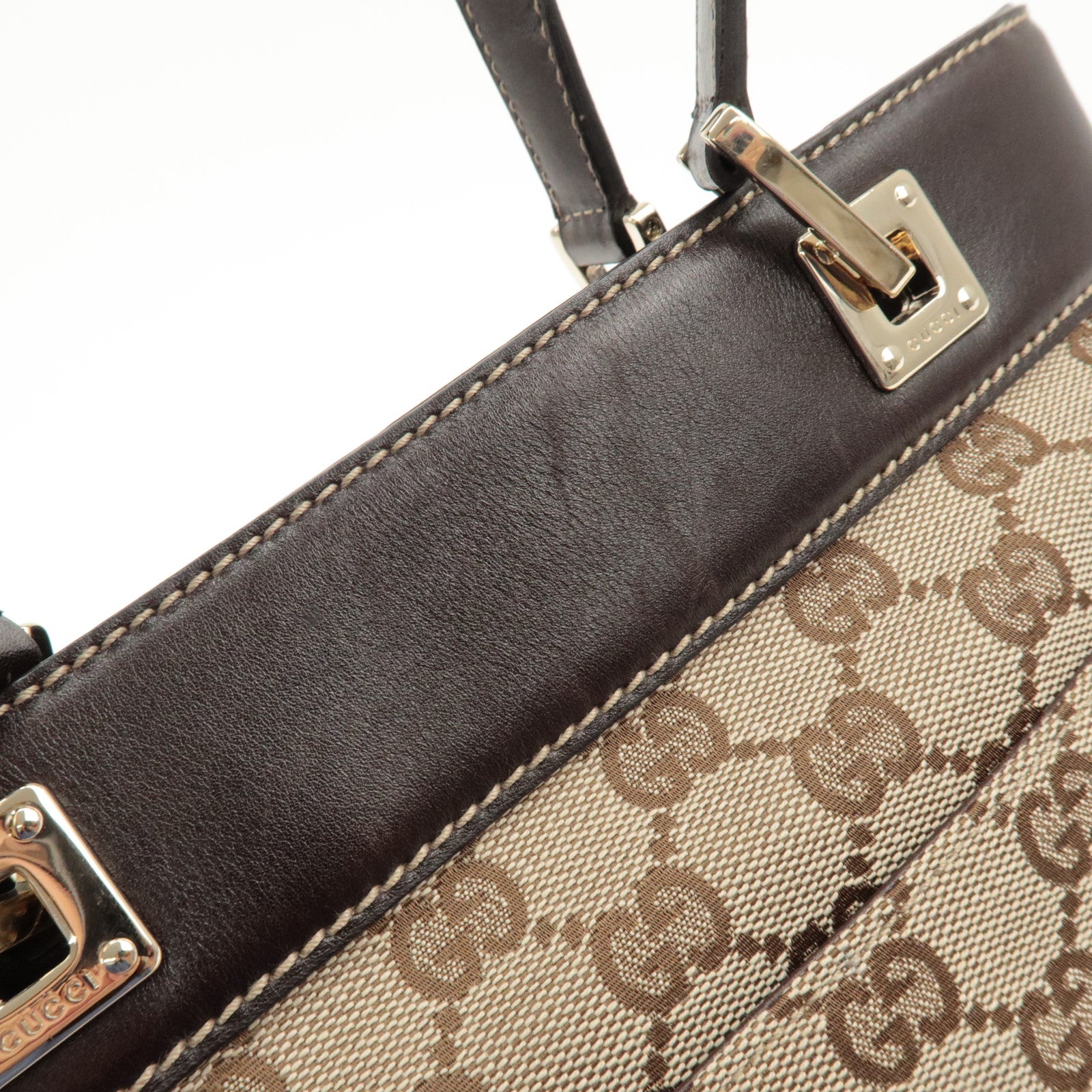 GUCCI GG Canvas Leather Tote Bag Hand Bag Beige Dark Brown 145994 Used