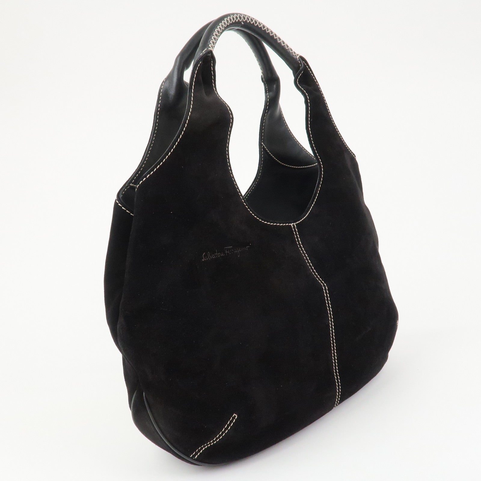 Ferragamo Suede Shoulder Bag Hand Bag Black White