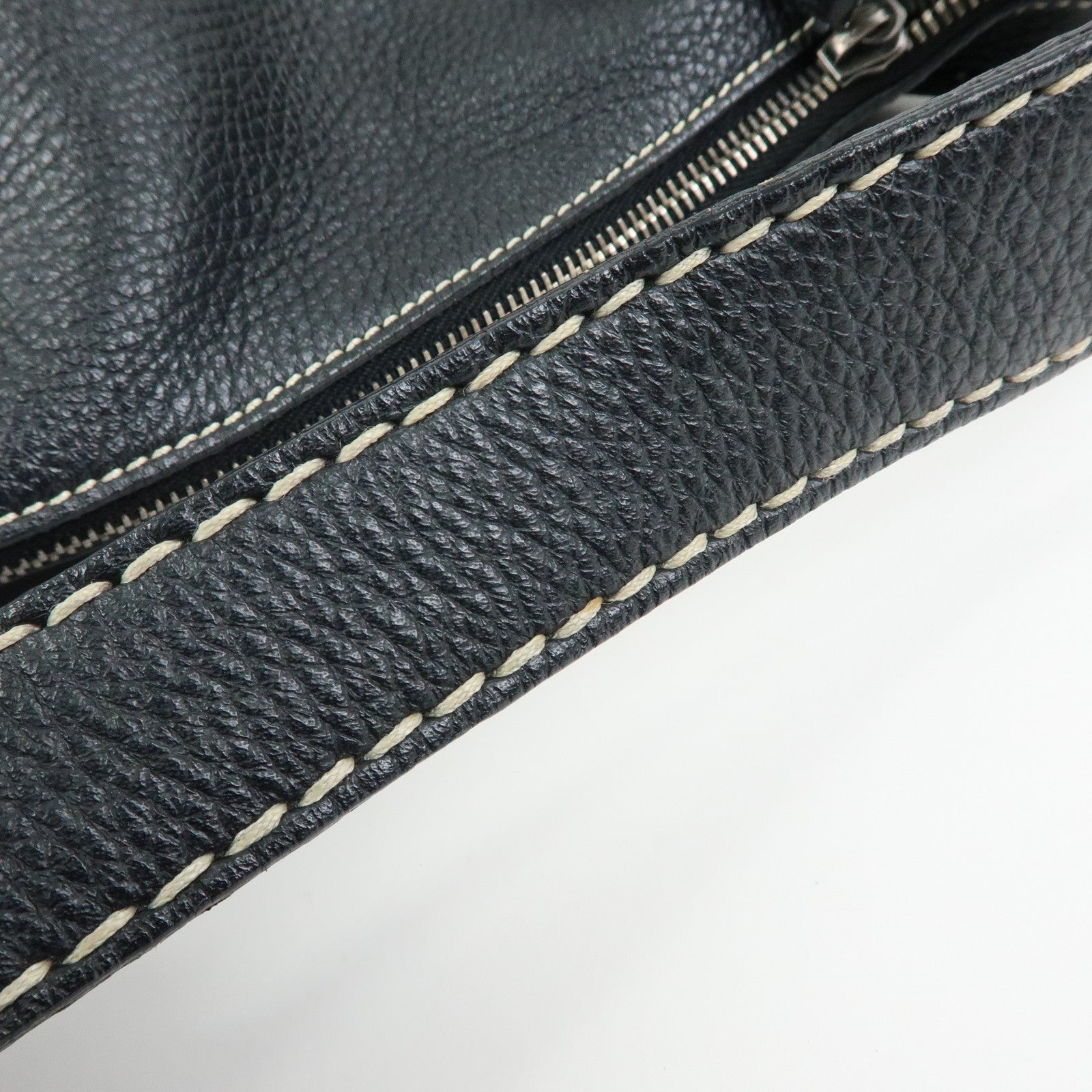 TOD'S Logo Stitches Leather Shoulder Bag Hand Bag Black