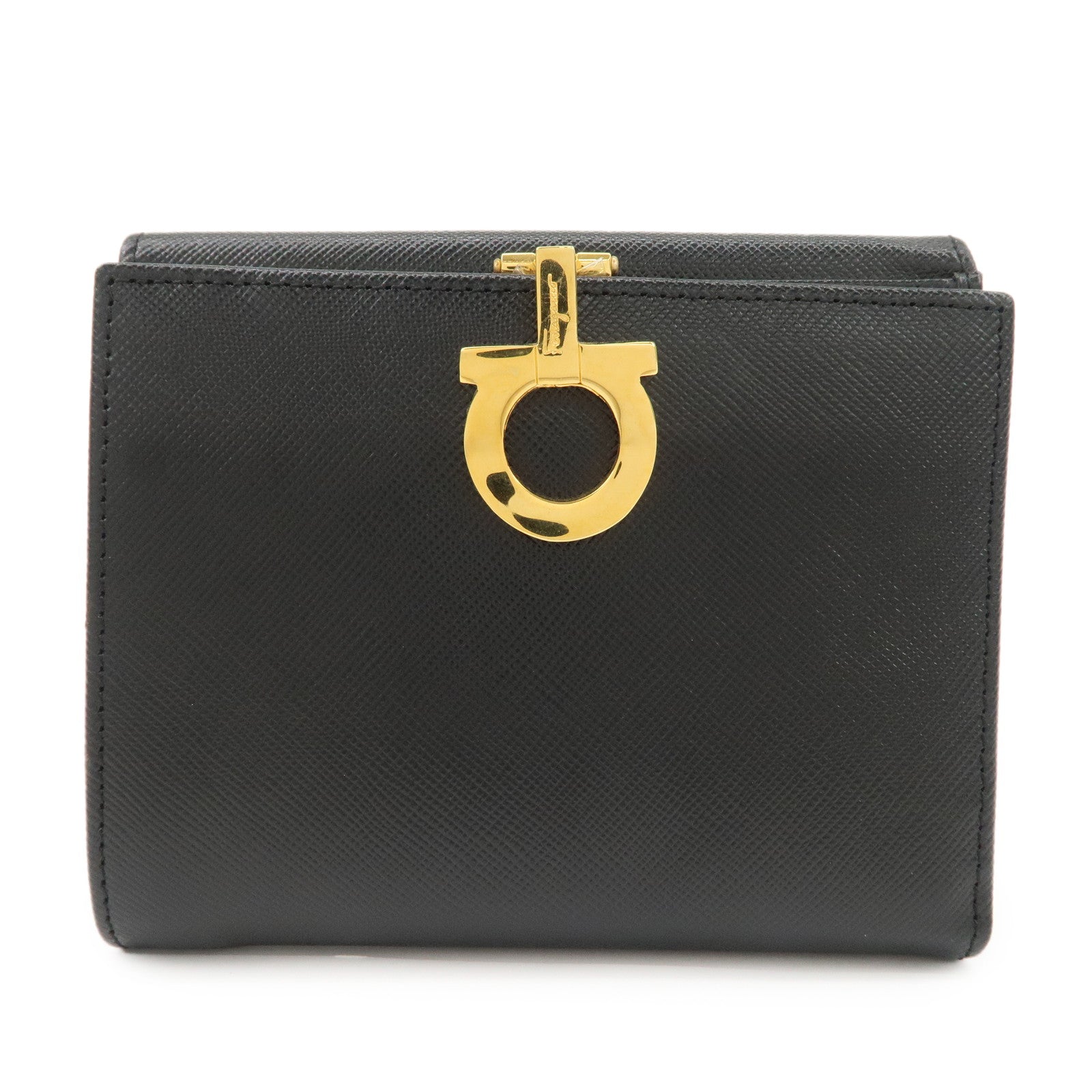 Ferragamo Gancini Leather Bi-fold Compact Wallet Black 22 0778