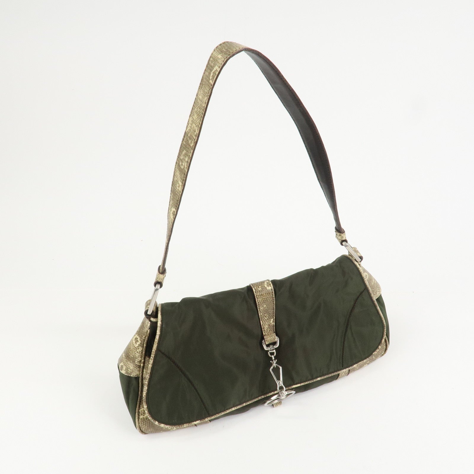 PRADA Triangle Logo Nylon Shoulder Bag Hand Bag Khaki B10738