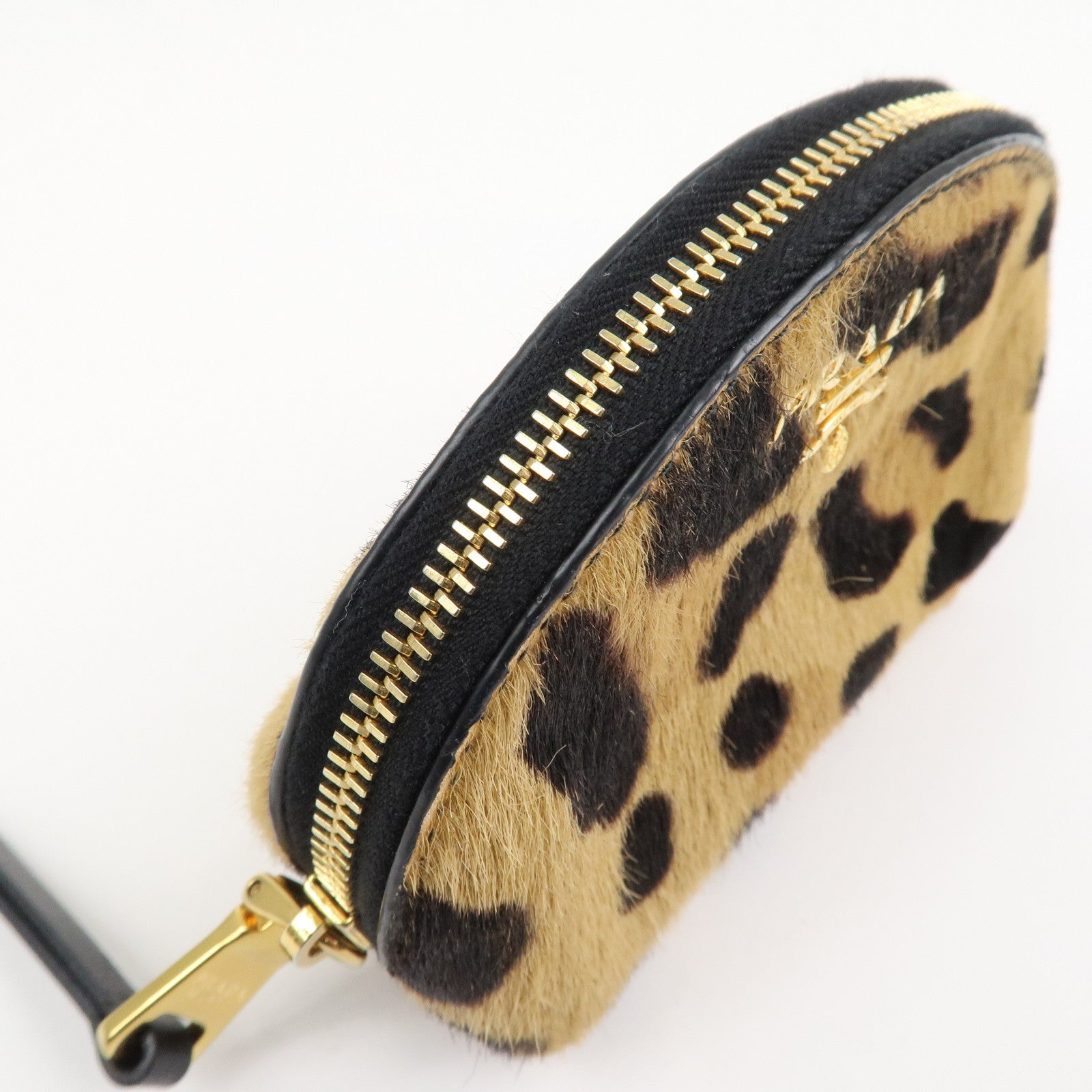 PRADA Logo Unborn Calf Coin Case Brown Animal Pattern
