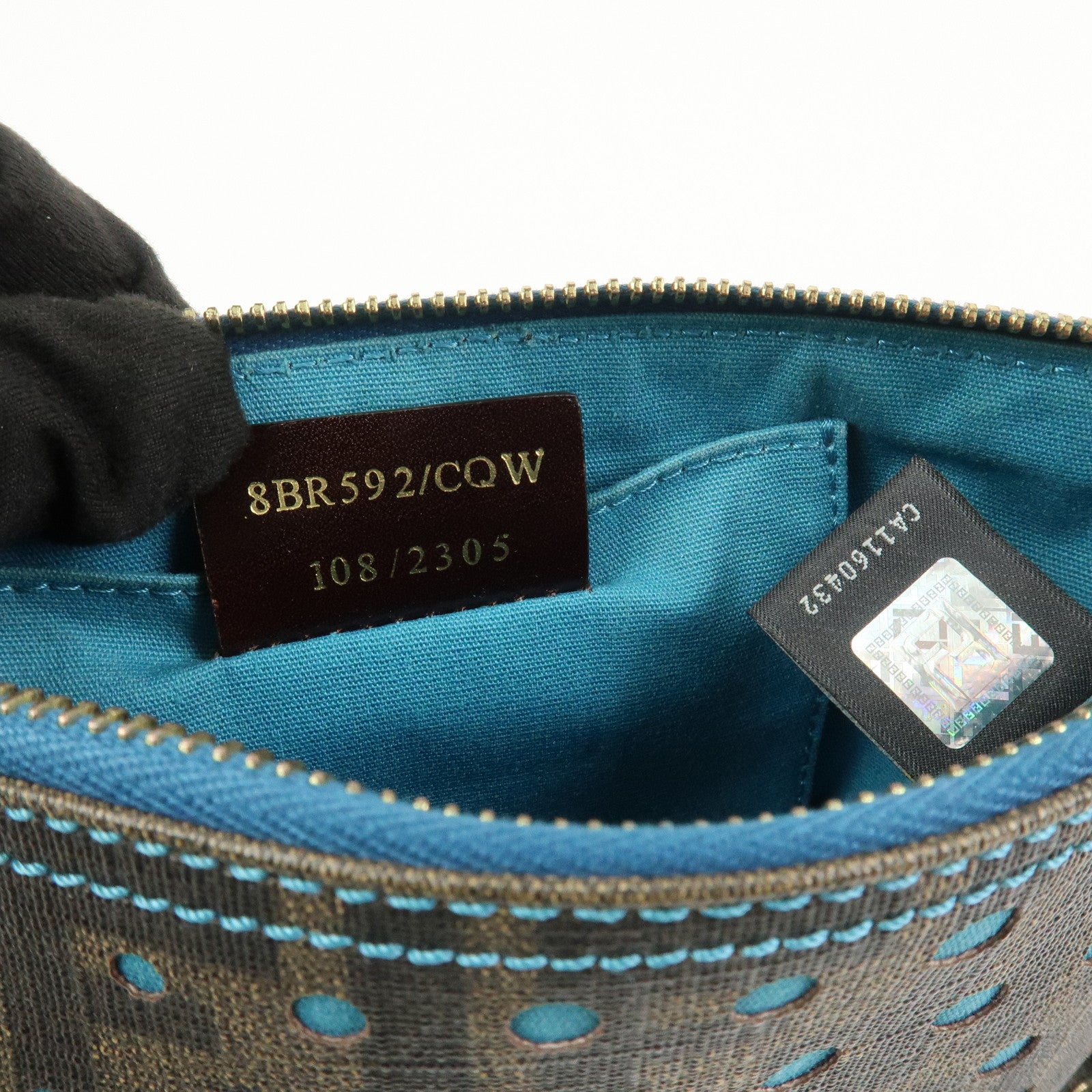 FENDI Zucca PVC Canvas Chain Accessory Pouch Brown Blue 8BR592