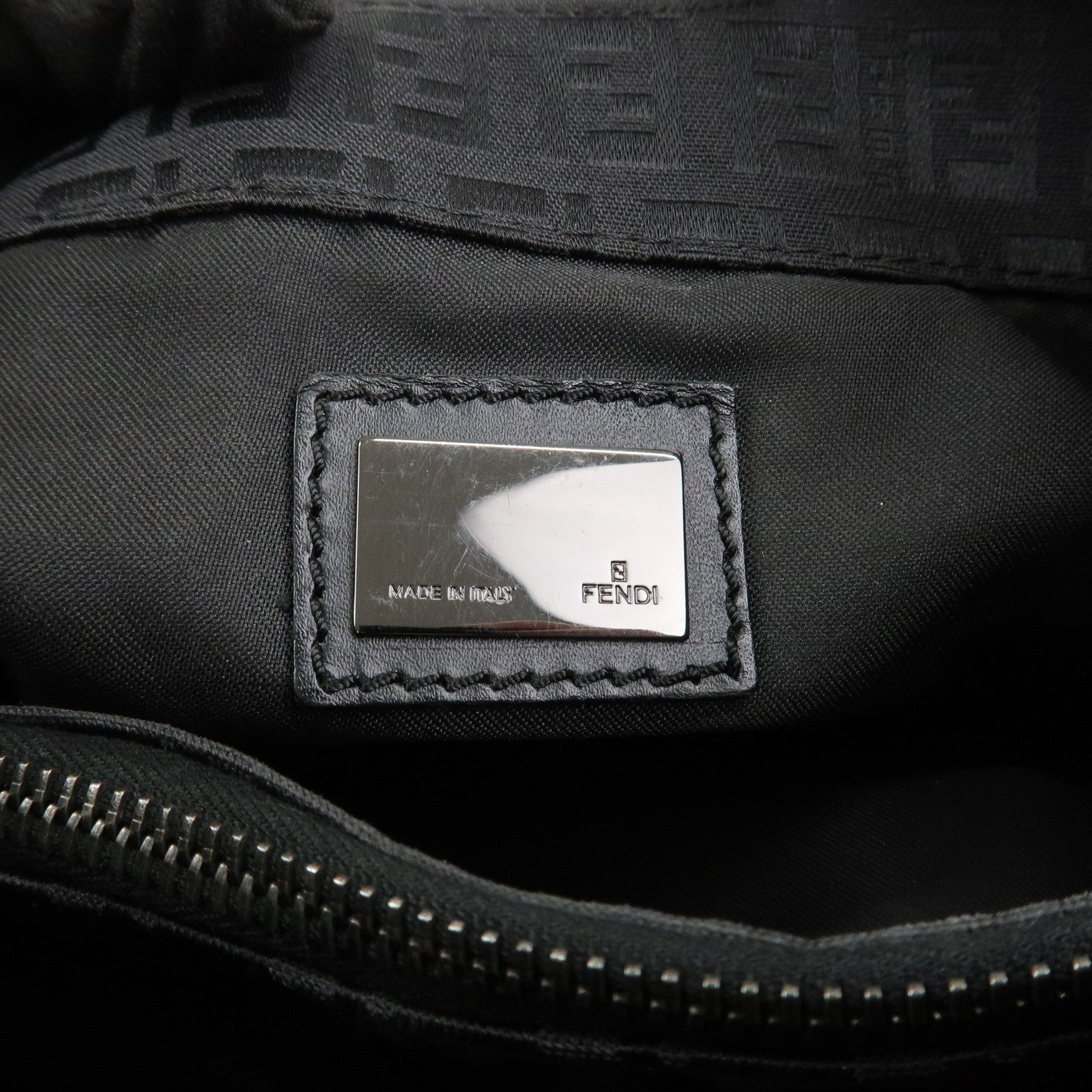 FENDI Zucchino Leather Canvas Shoulder Bag Black Used