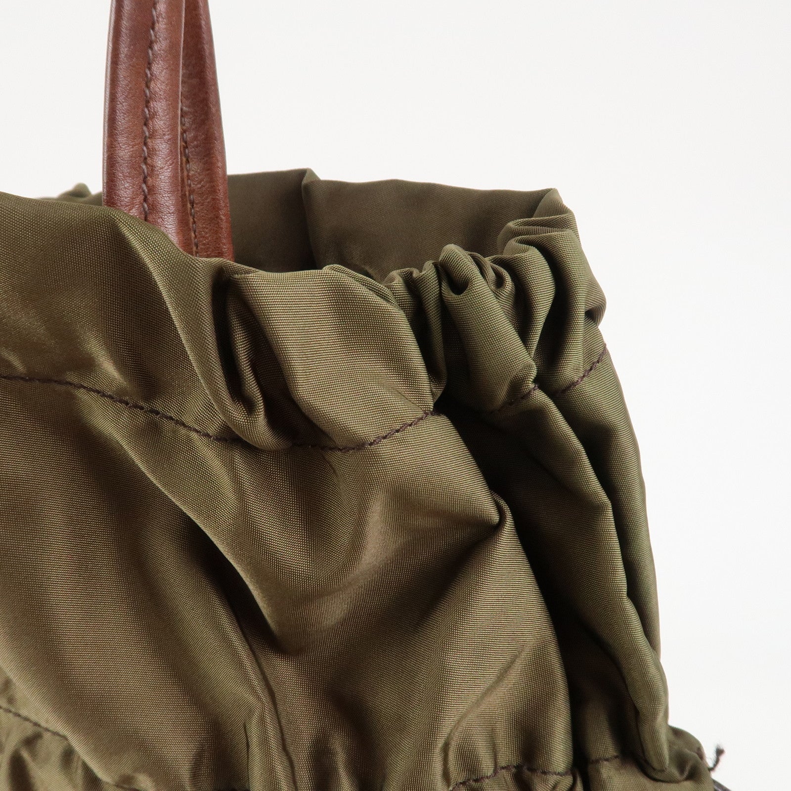 PRADA Logo Nylon Leather Drawstring Tote Bag Shoulder Bag Brown