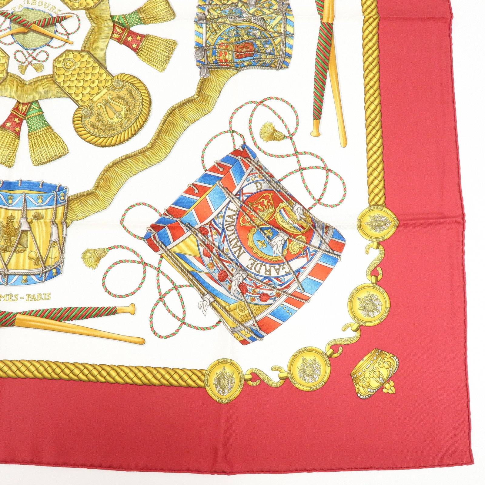 HERMES Carre 90 Silk 100% Scarf LES TAMBOURS Red Gold