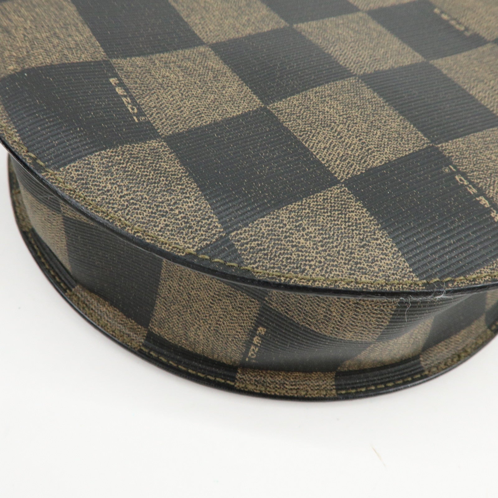 FENDI Leather PVC Round Shoulder Bag Checker Pattern Black Brown