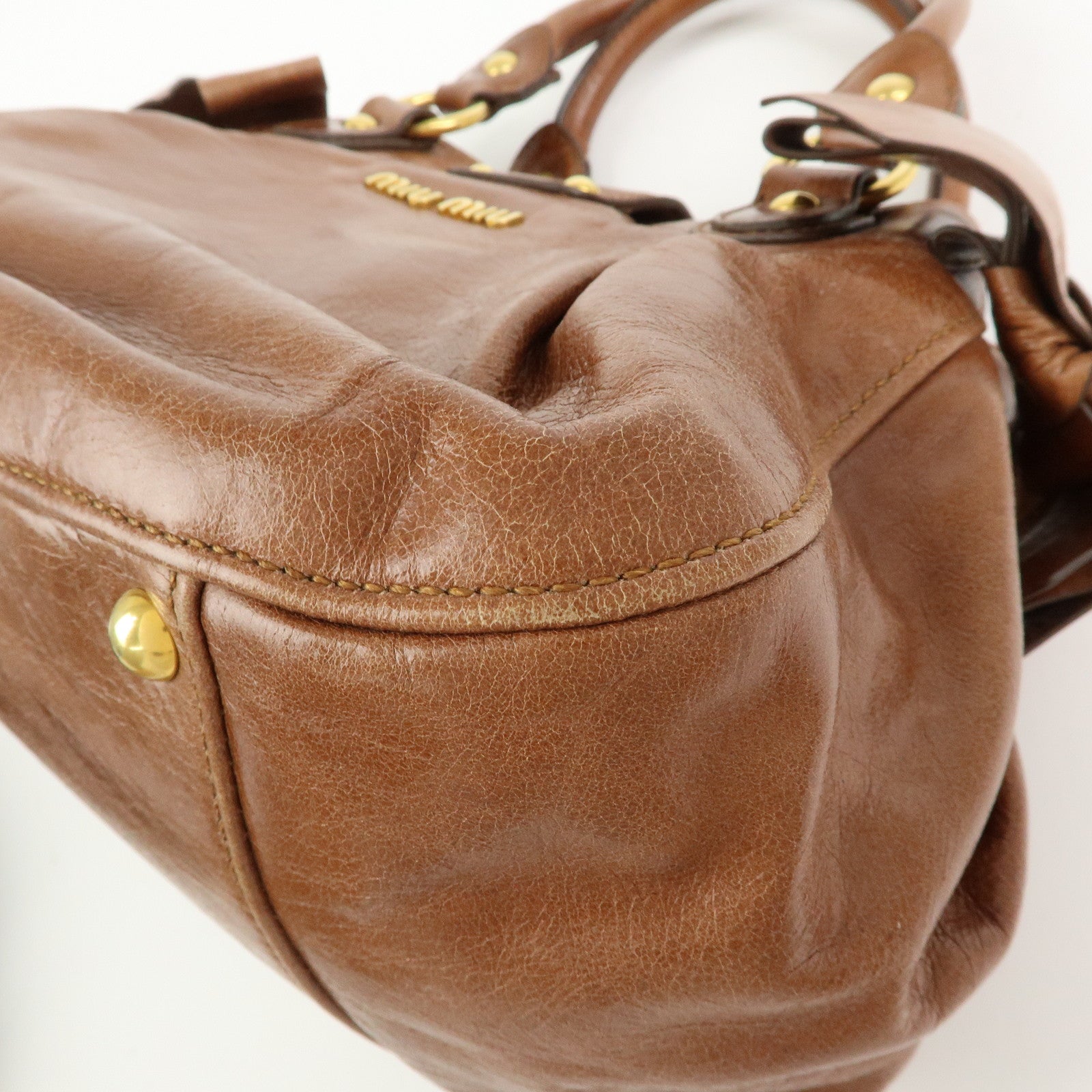 MIU MIU Leather 2Way Bag Hand Bag Shoulder Bag Side Ribbon Brown