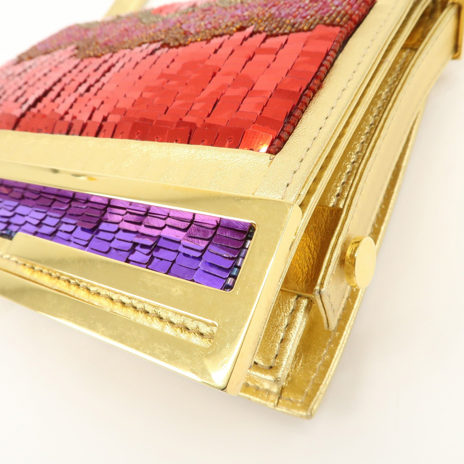 FENDI Leather Sequin Shoulder Bag Crossbody Bag Gold Red Purple