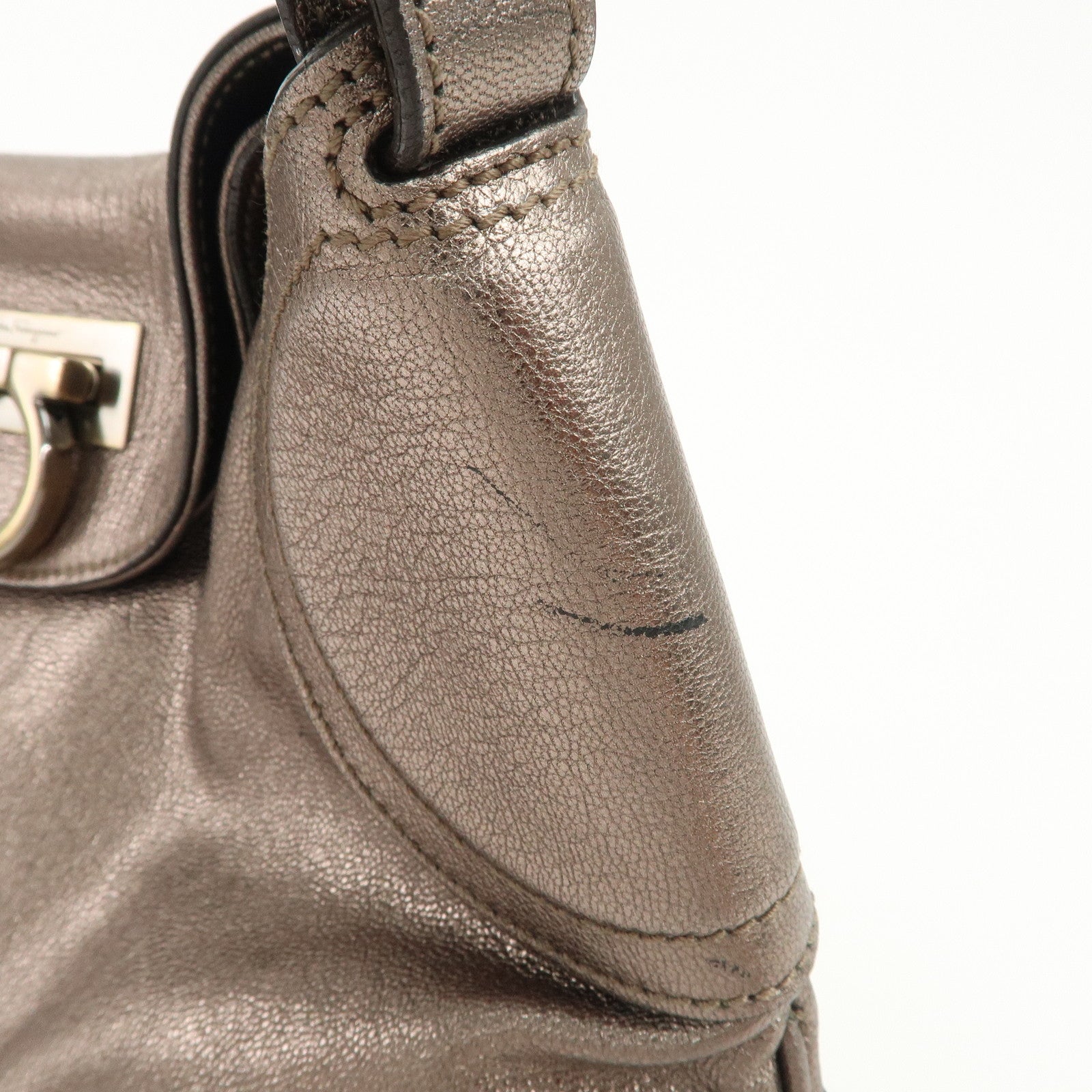 Ferragamo Gancini Leather Shoulder Bag Hand Bag Metallic Gray