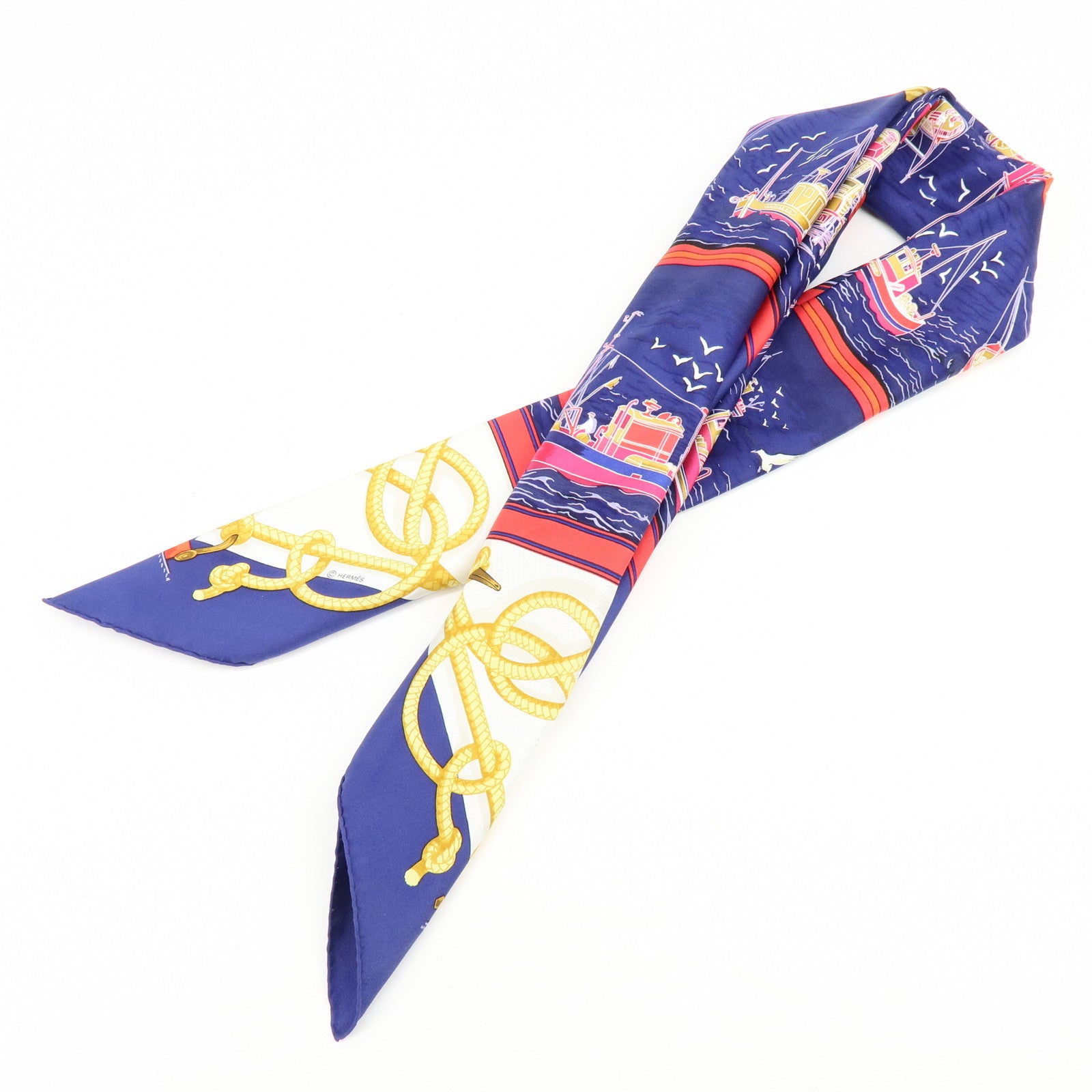 HERMES Carre 90 Silk100% Scarf RETOUR DE PECHE Blue Red Gold