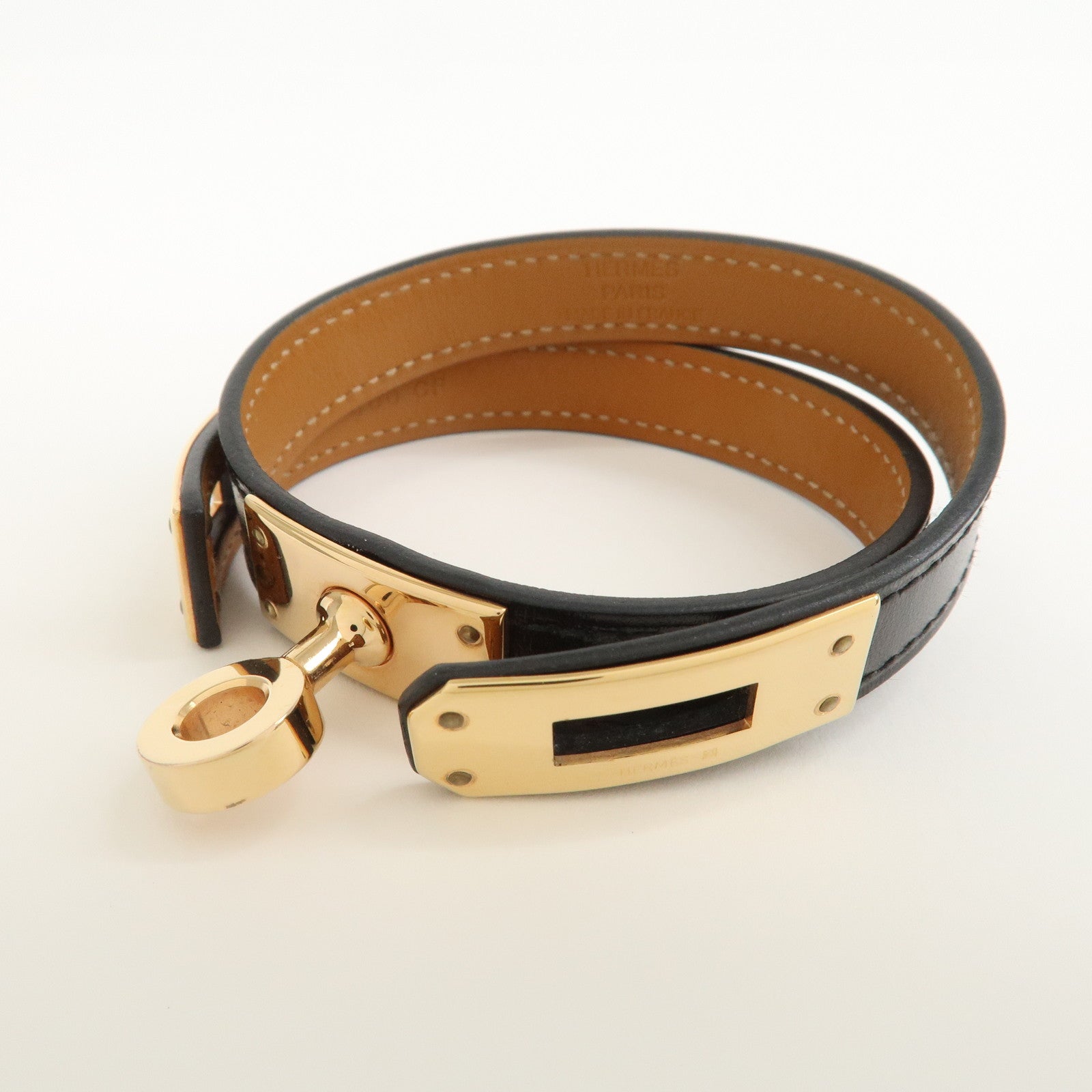 HERMES Kelly Double Tour Bracelet Bangle U Stamped Black Gold