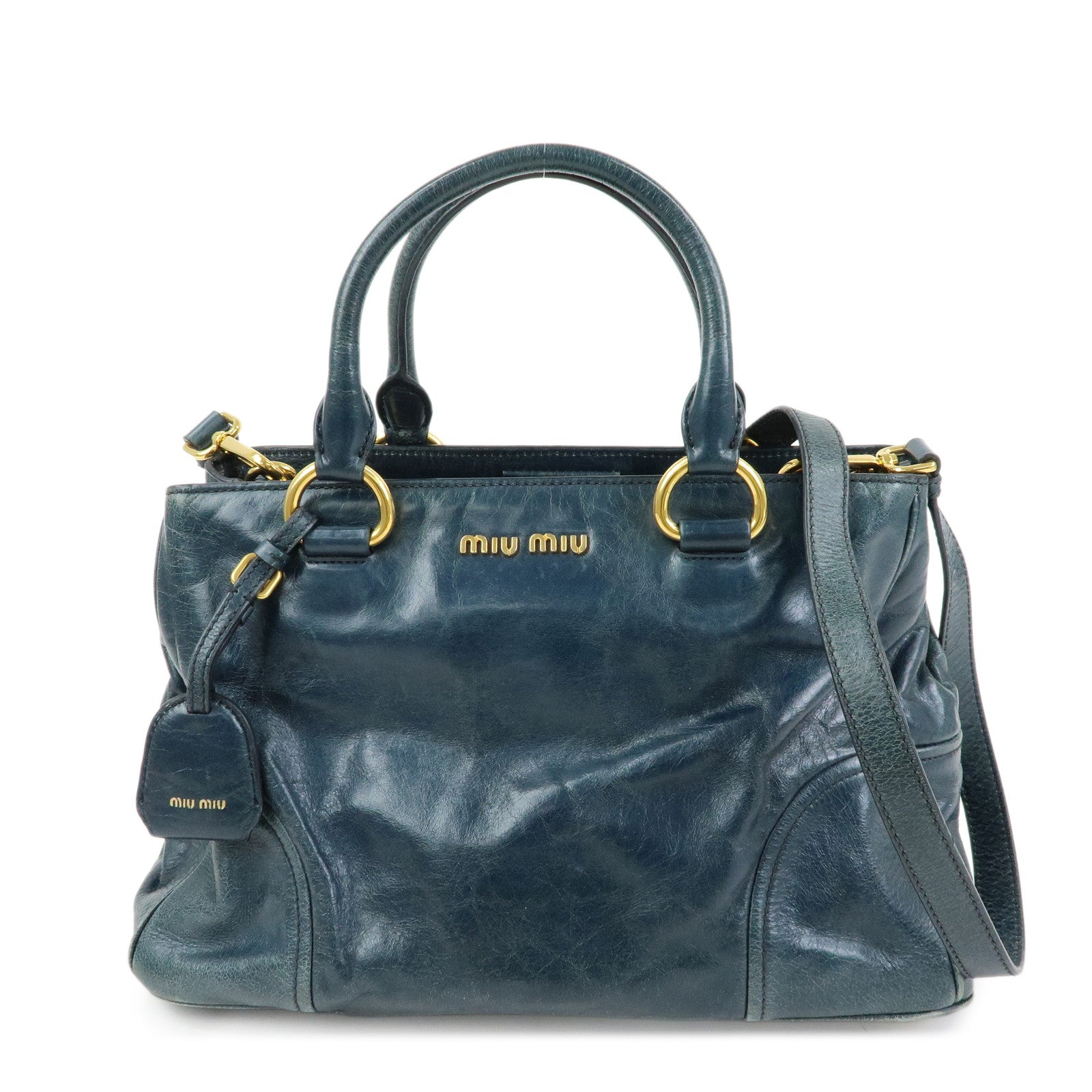MIU MIU Logo Leather 2Way Bag Hand Bag Shoulder Bag Navy