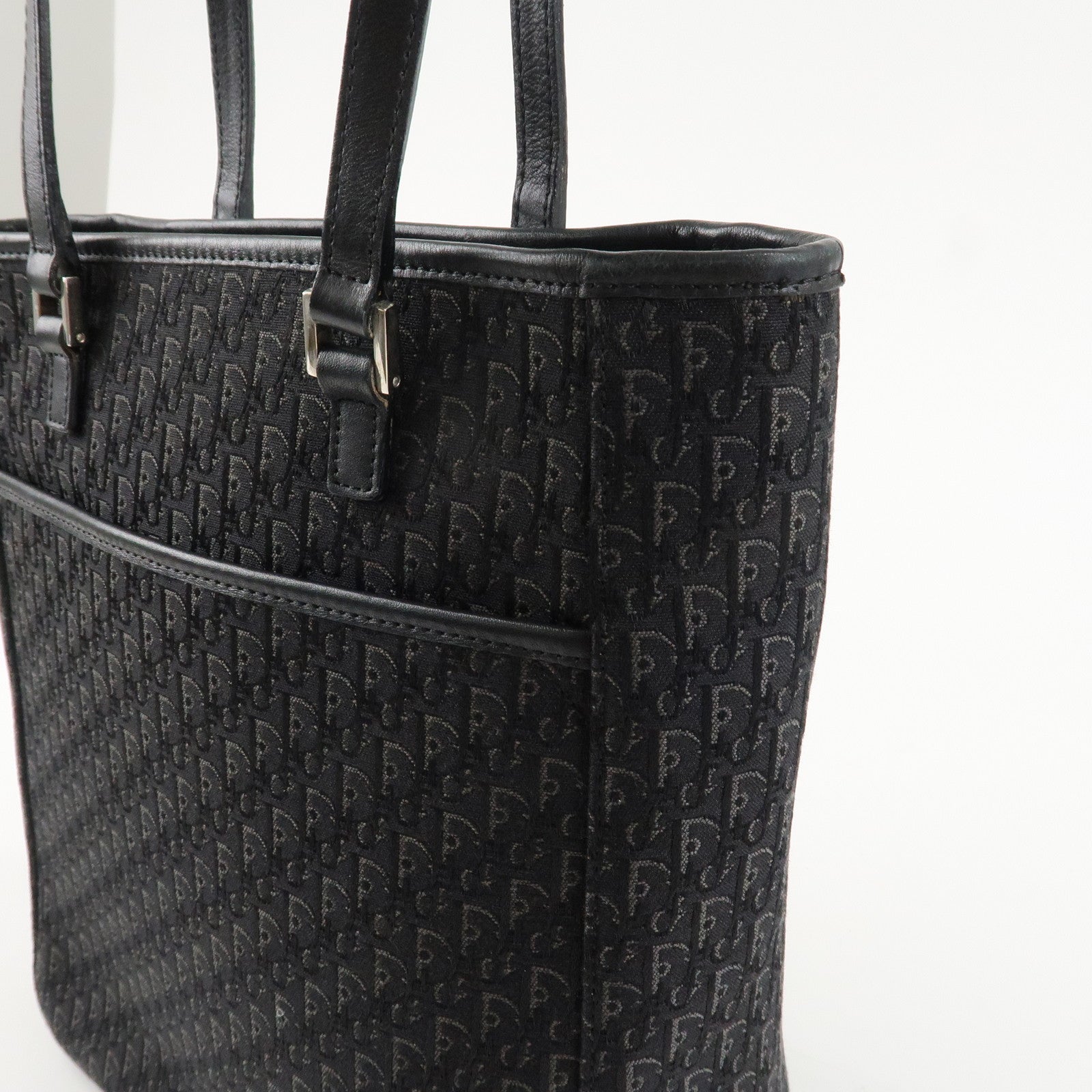 Christian Dior Trotter Leather Canvas Tote Bag Shoulder Bag Black Used