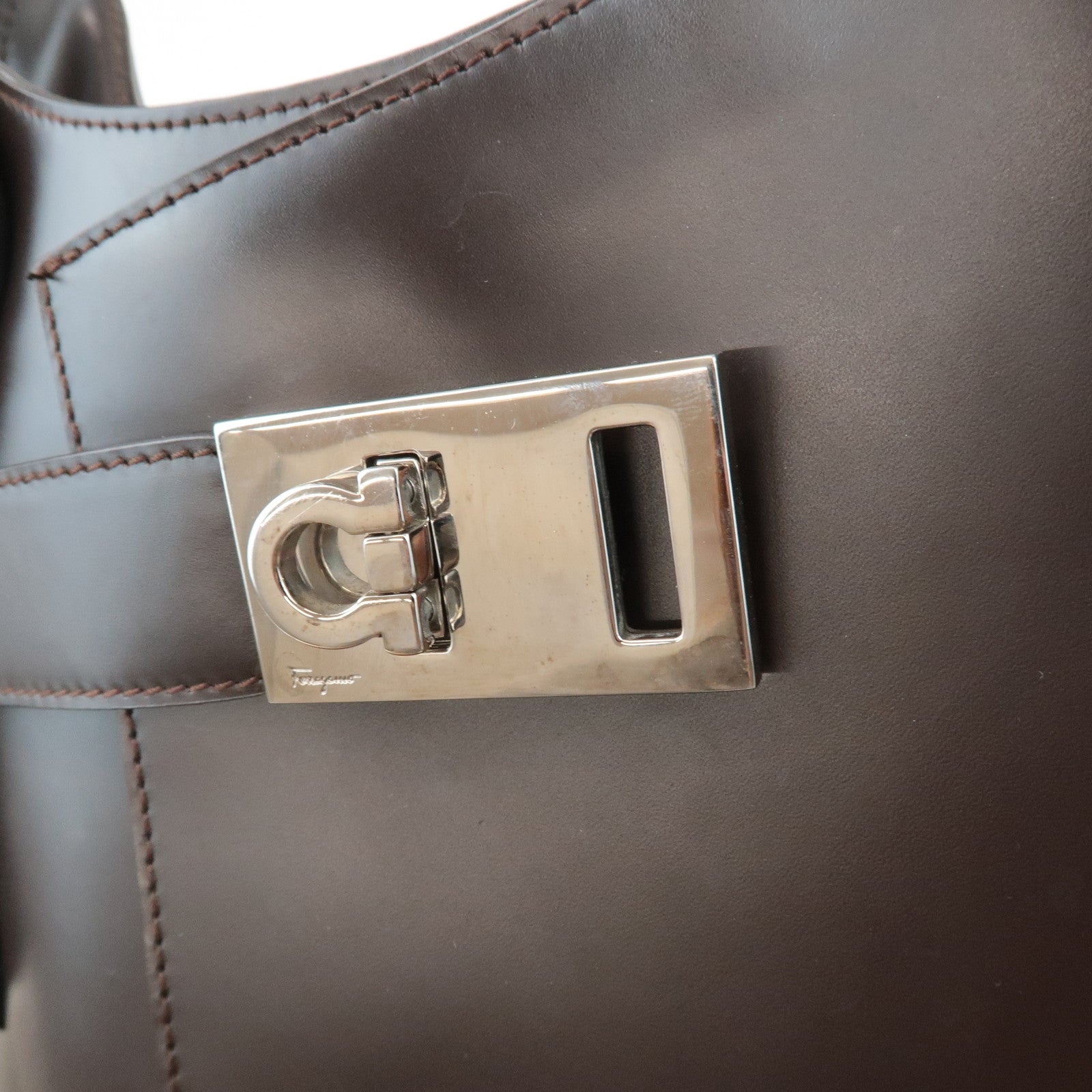 Ferragamo Gancini Leather Shoulder Bag Hand Bag Dark Brown Used