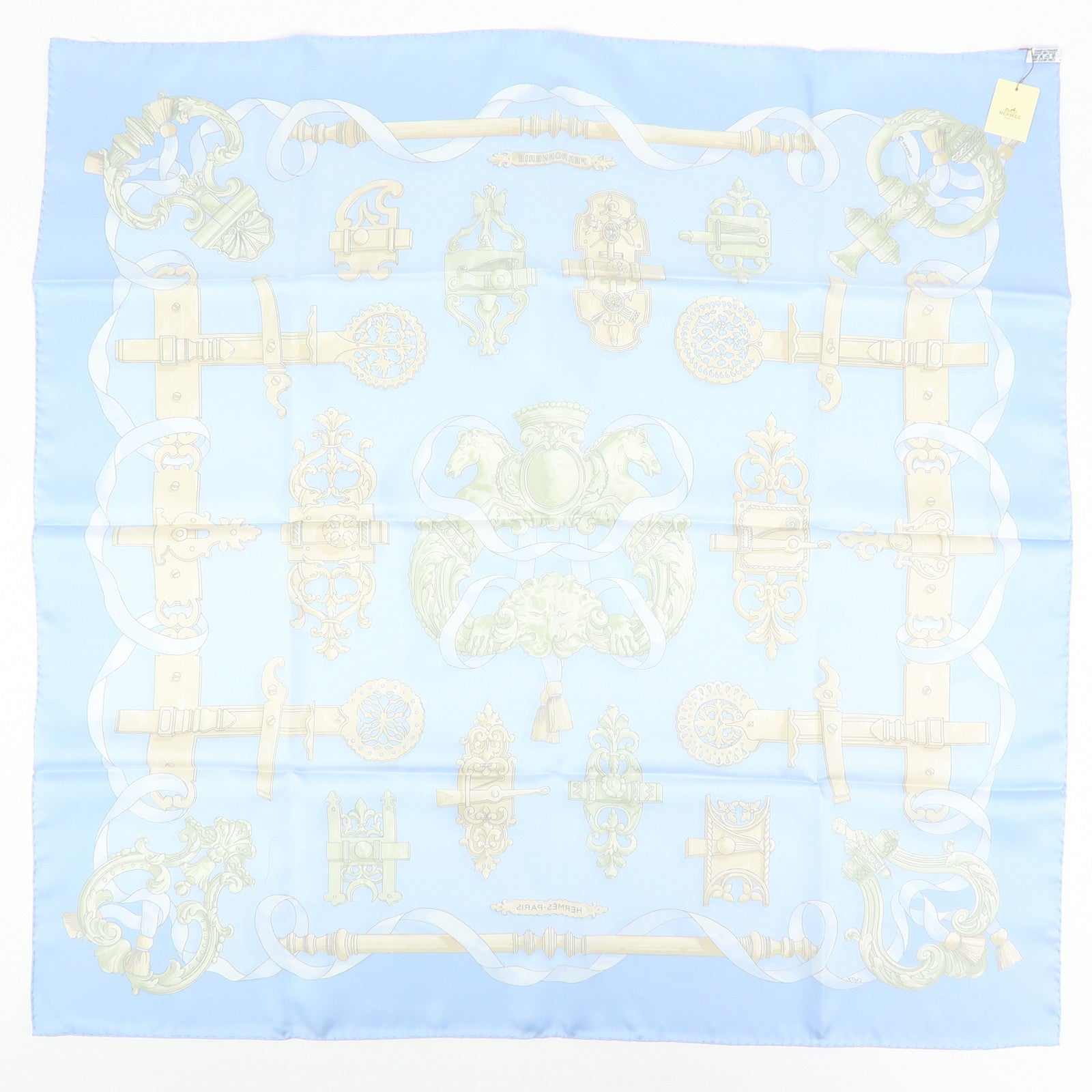 HERMES Carre 90 Silk 100% Scarf Ferronnerie Light Blue
