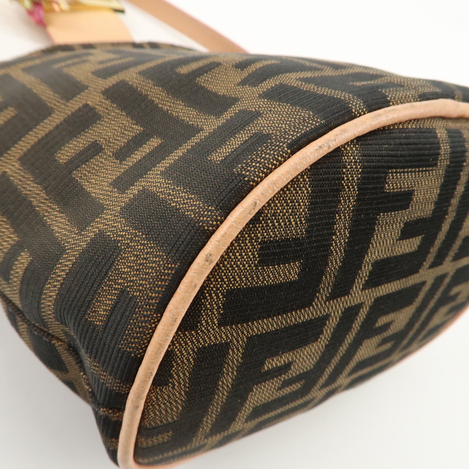 FENDI Zucca Canvas Leather Shoulder Bag Black Pink Flower Motif