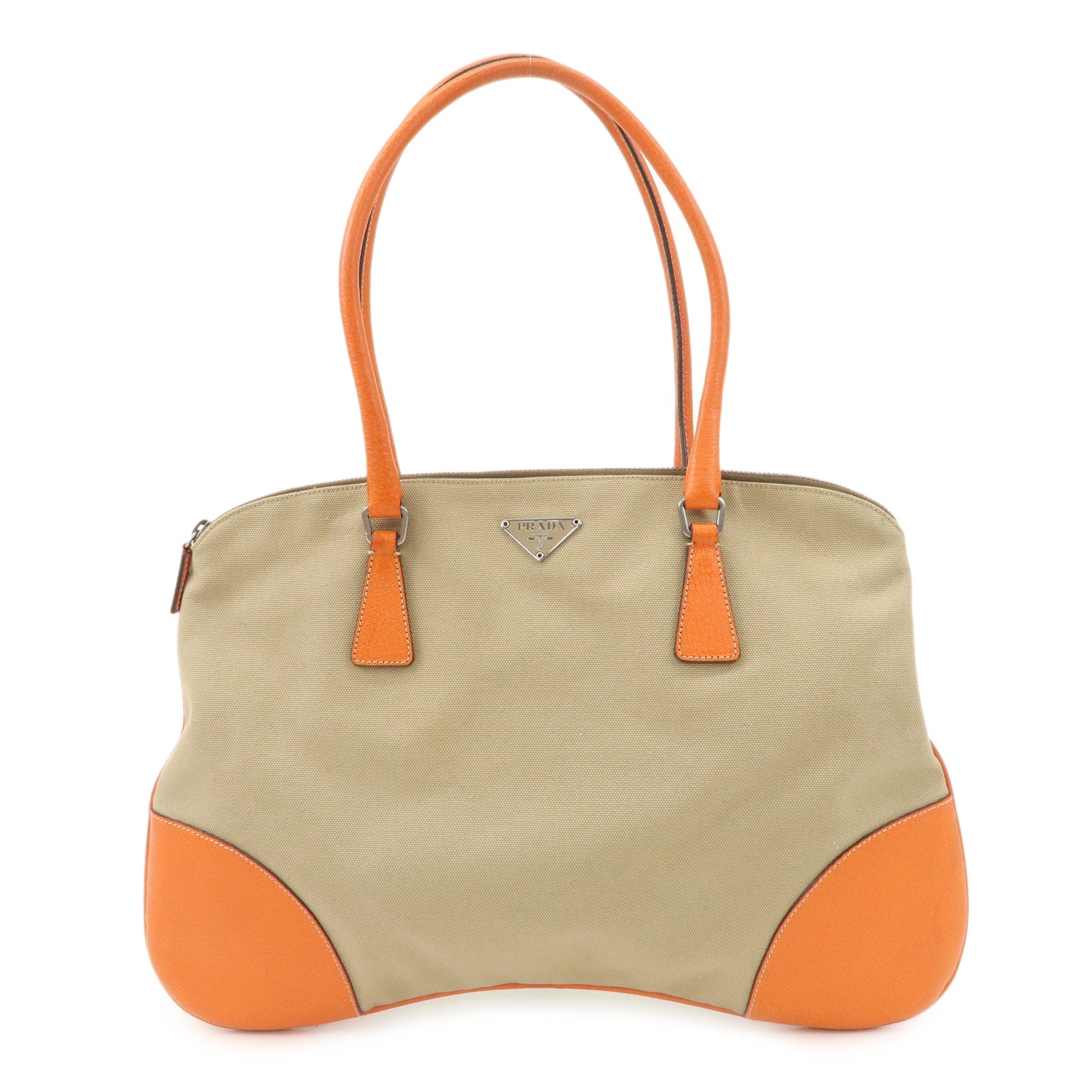 PRADA Triangle Logo Canvas Leather Shoulder Bag Orange Beige Used