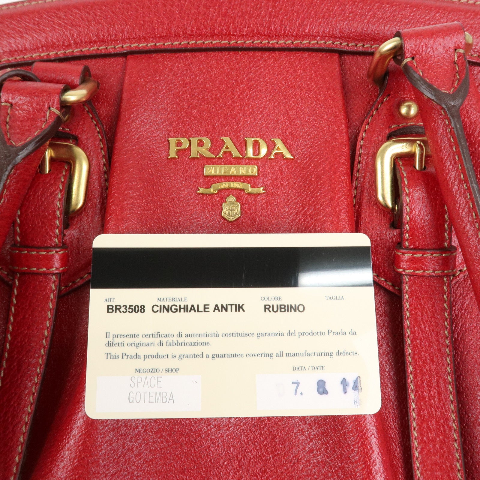 PRADA Logo Leather Hand Bag Shoulder Bag Red BR3508