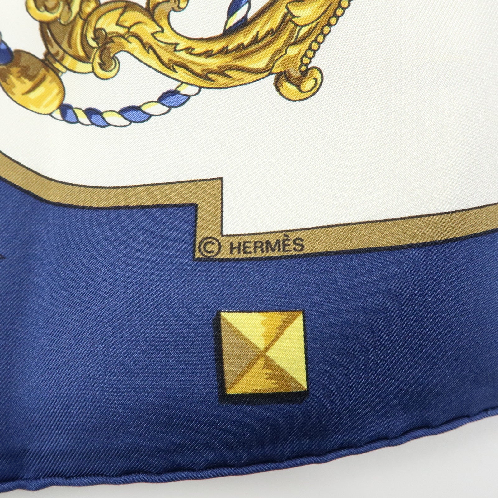 HERMES Carre 90 Silk 100% Scarf LES CLES THE KEYS RARE White Navy