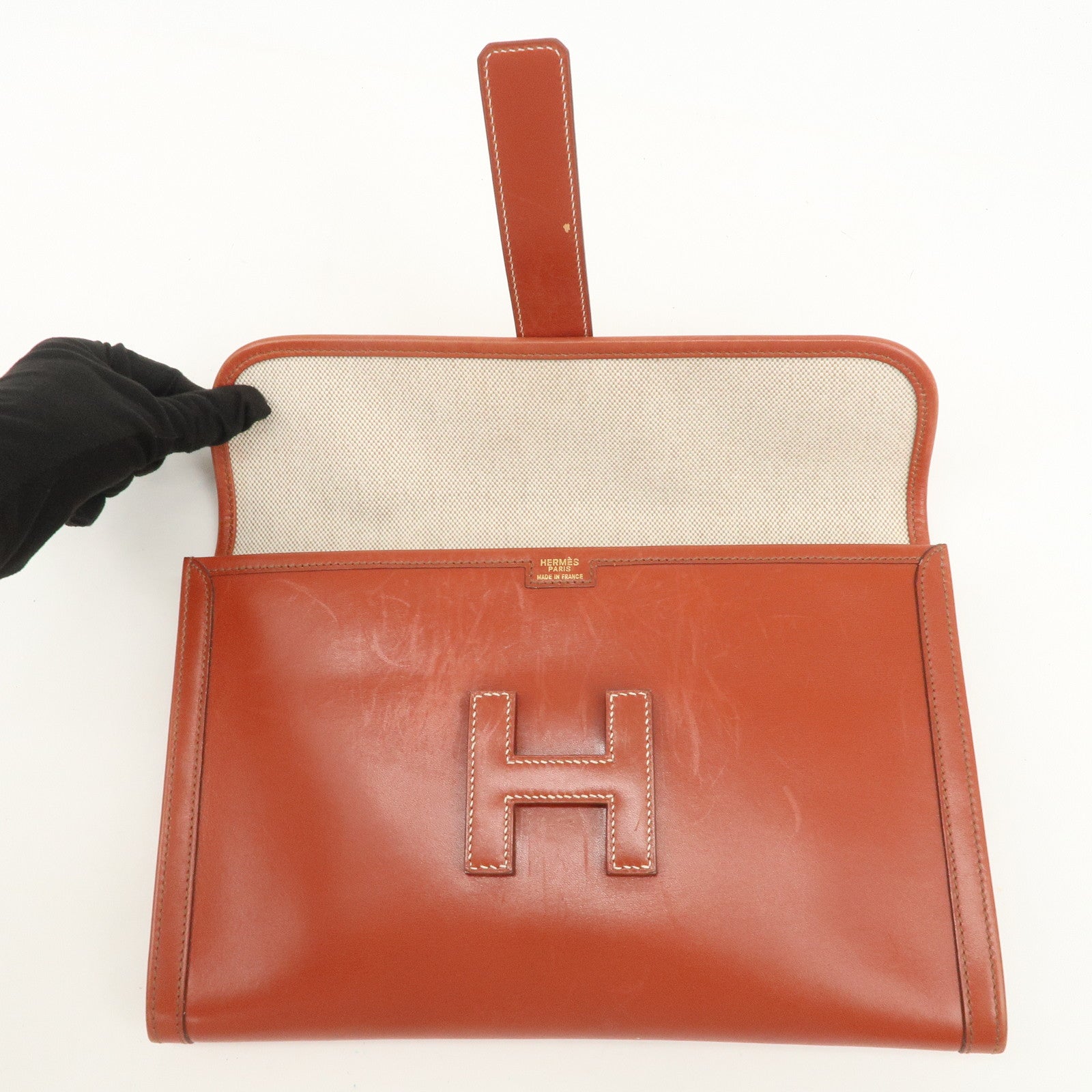 HERMES Box Calf Leather Jige PM □C Stamped Clutch Bag Brown